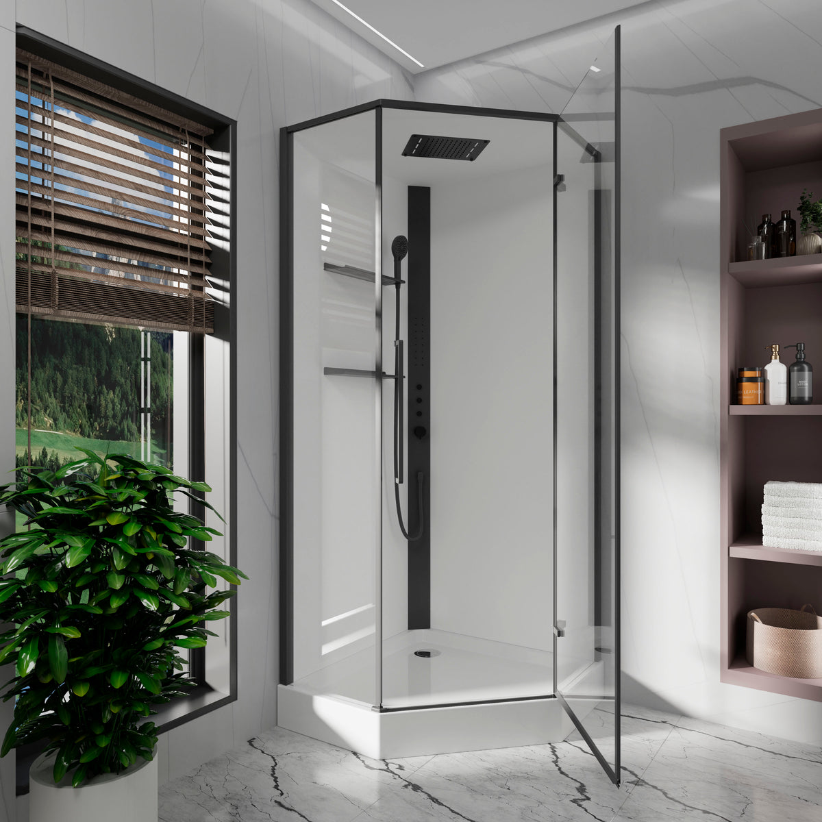 Optima cabina de ducha pentagonal abatible 900×900×2150 mm, con plato de ducha y panel de ducha, negro, cristal clear