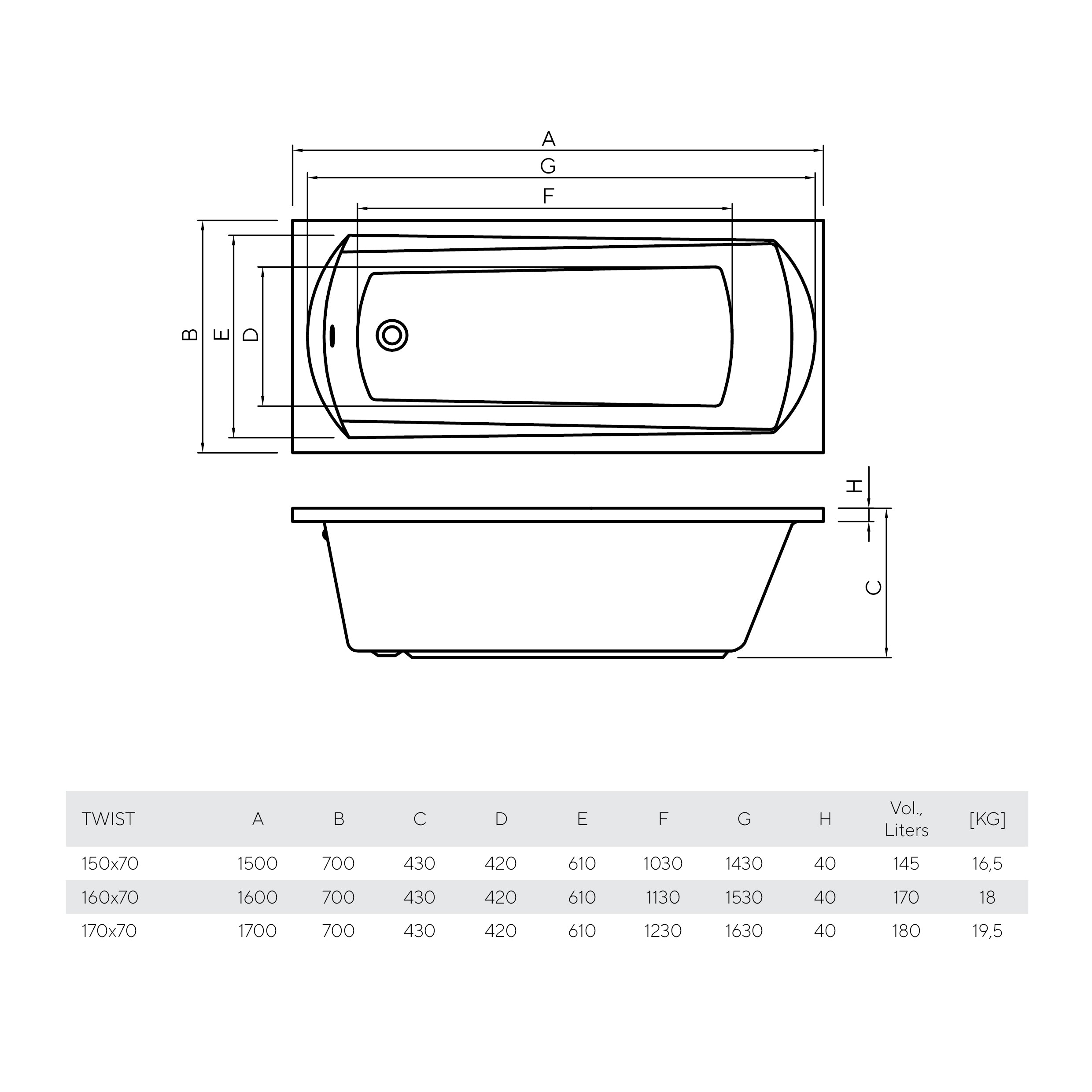 Bathtub Twist 160x70 (with legs)