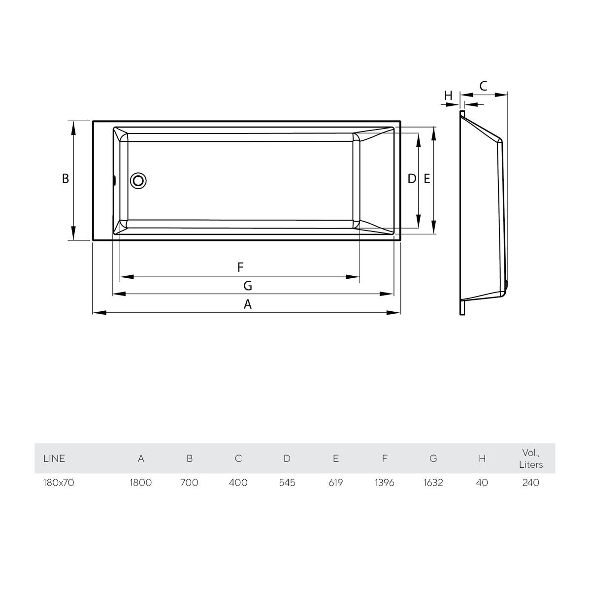 Badewanne Line 180 x 70