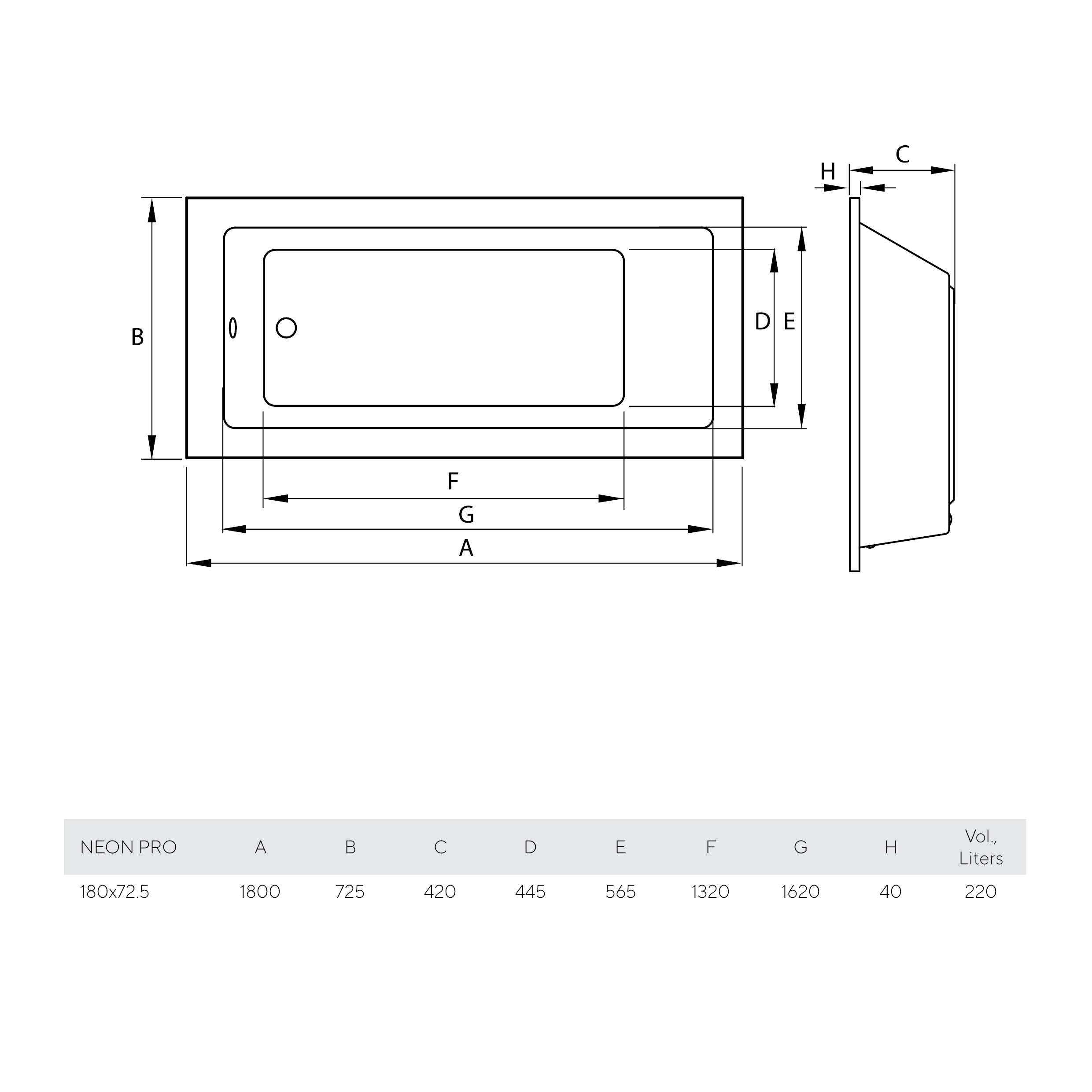 Bathtub Neon PRO 180x72.5
