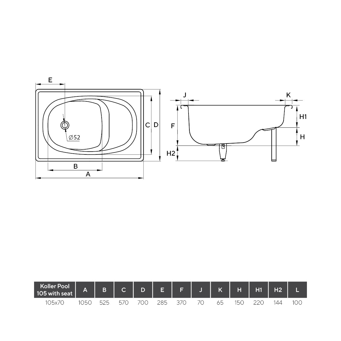 Bañera Koller Pool 105×70EN con asiento (B05E2200E) (TB30B05E22000026)