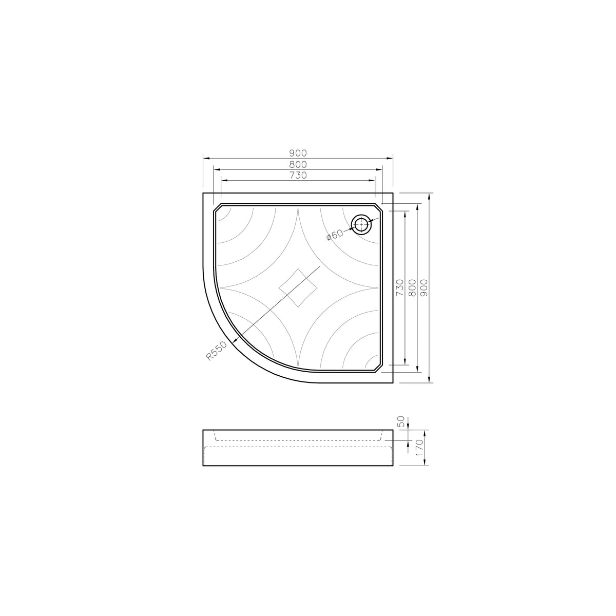 Grace acrylic shower tray 90x90, quadrant