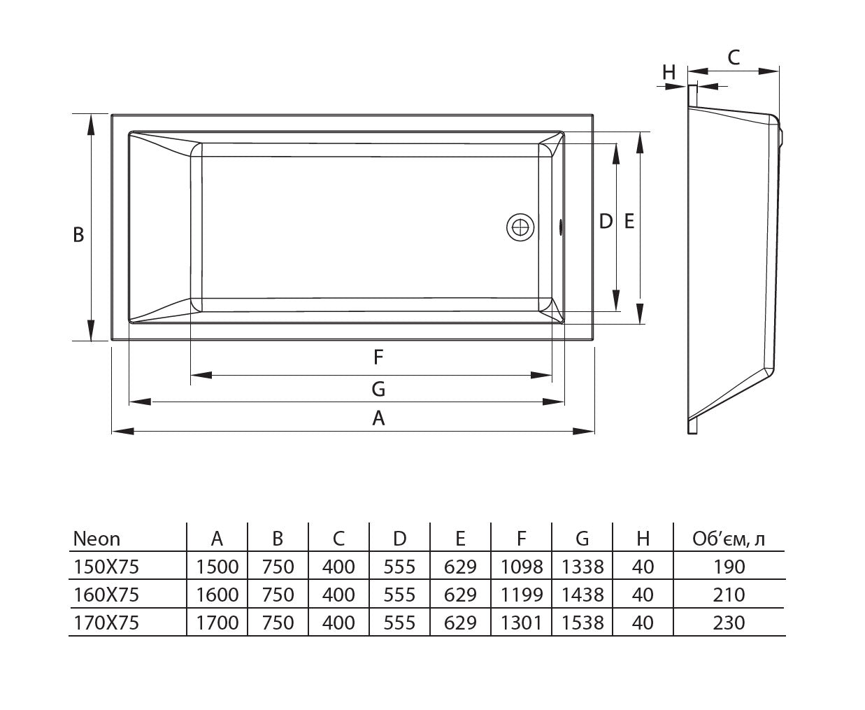 Bathtub Neon 170x75 matt black