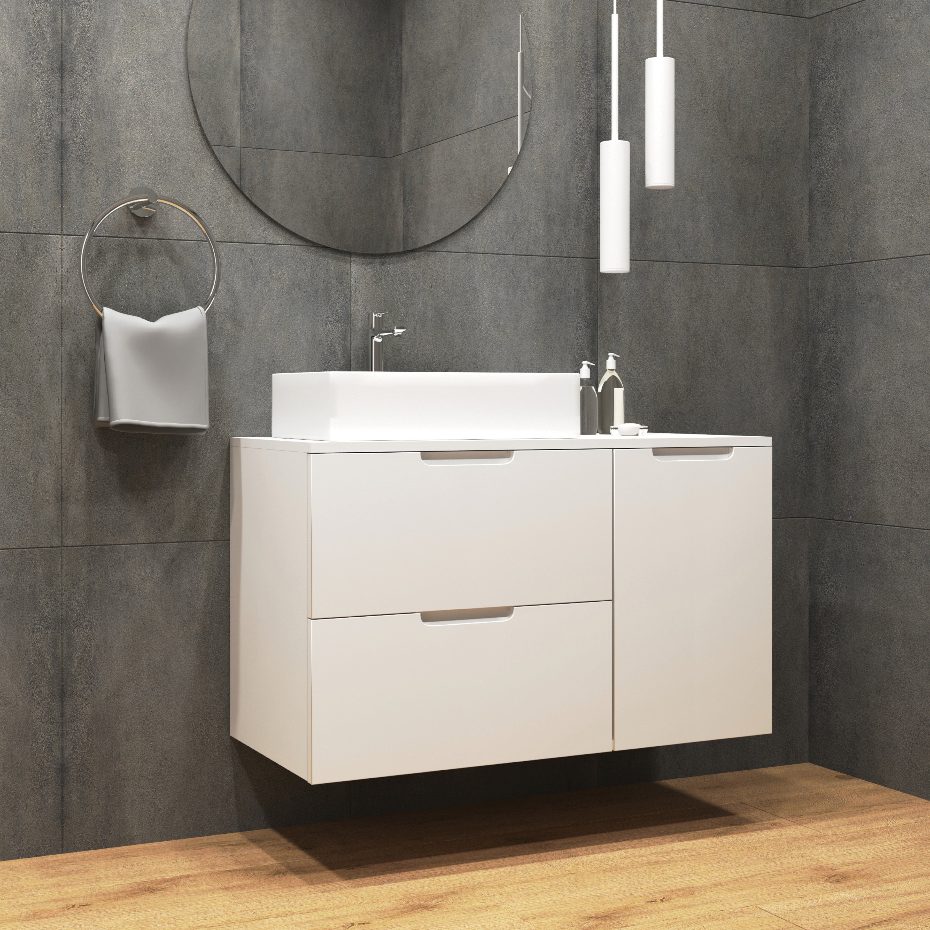 Konzolová skříňka bílá se dvěma zásuvkami a košem na prádlo Aqua New