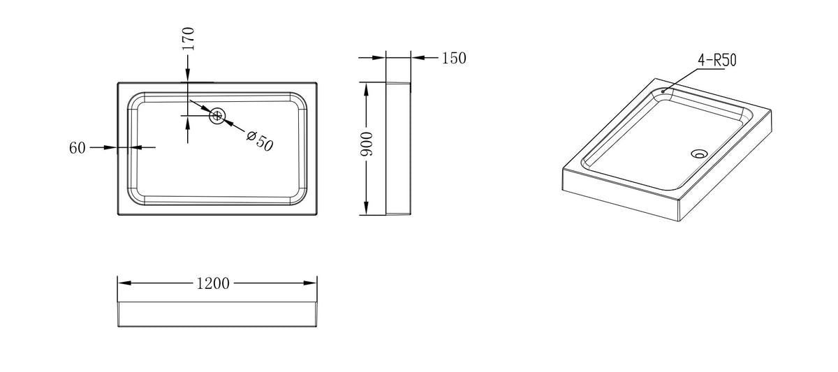 Style acrylic shower tray 120x90x15 rectangular