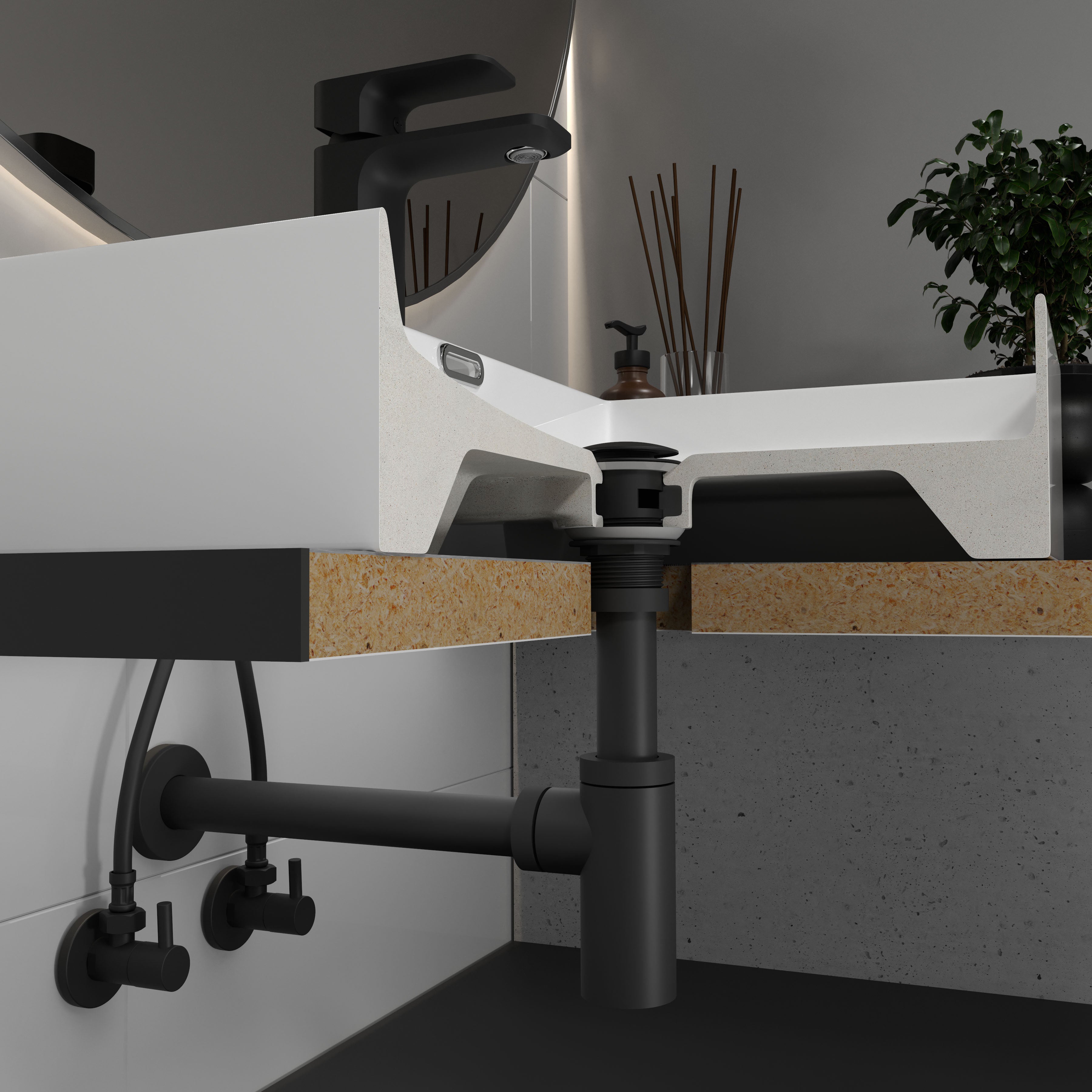 Sifón para lavabo, latón, Ø32 mm, negro