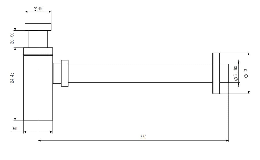 Sifón cuadrado para lavabo, latón, Ø32 mm, cromo