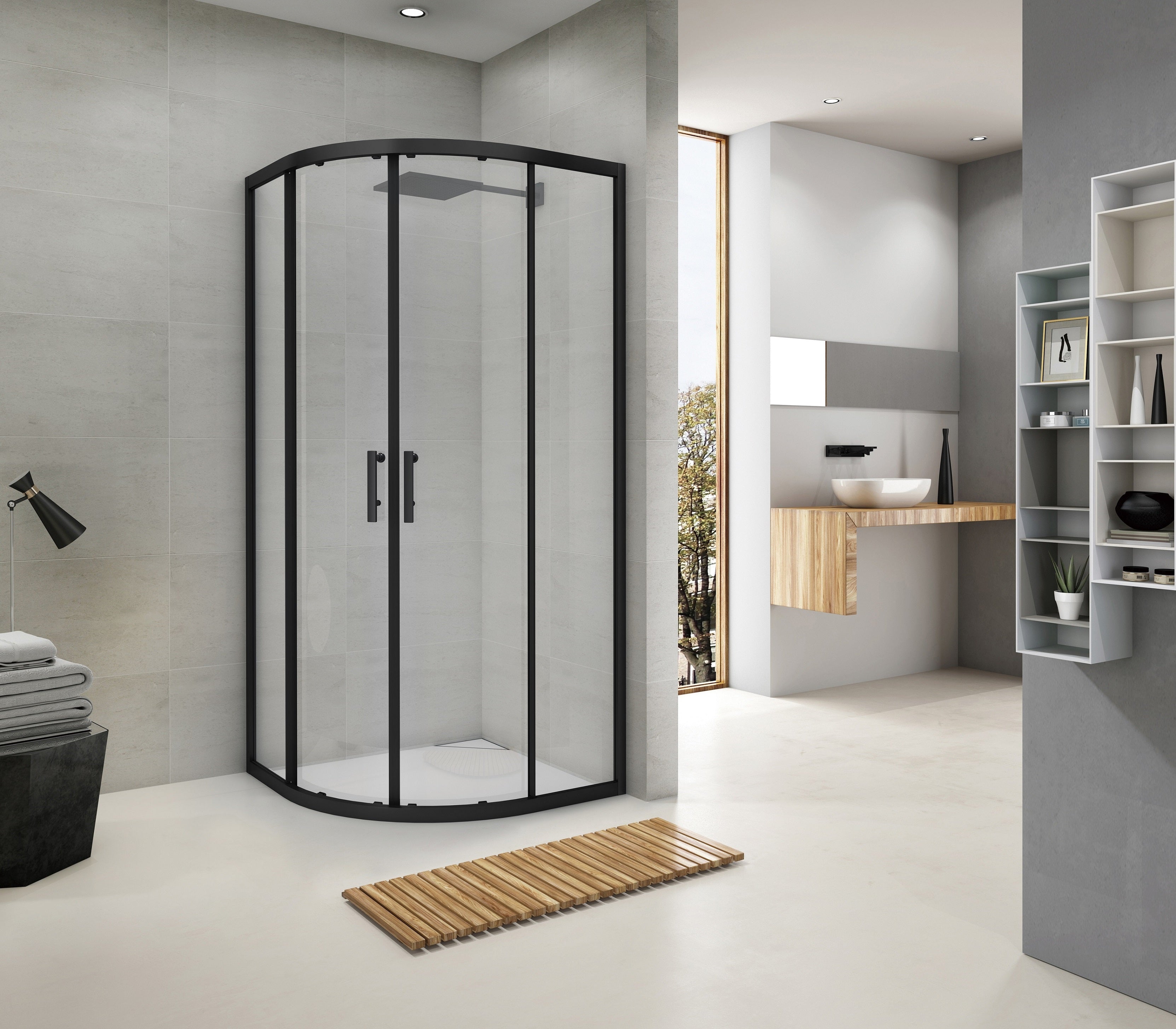 R90RCB Round quadrant shower enclosure, black, 900x900x1900mm, clear glass