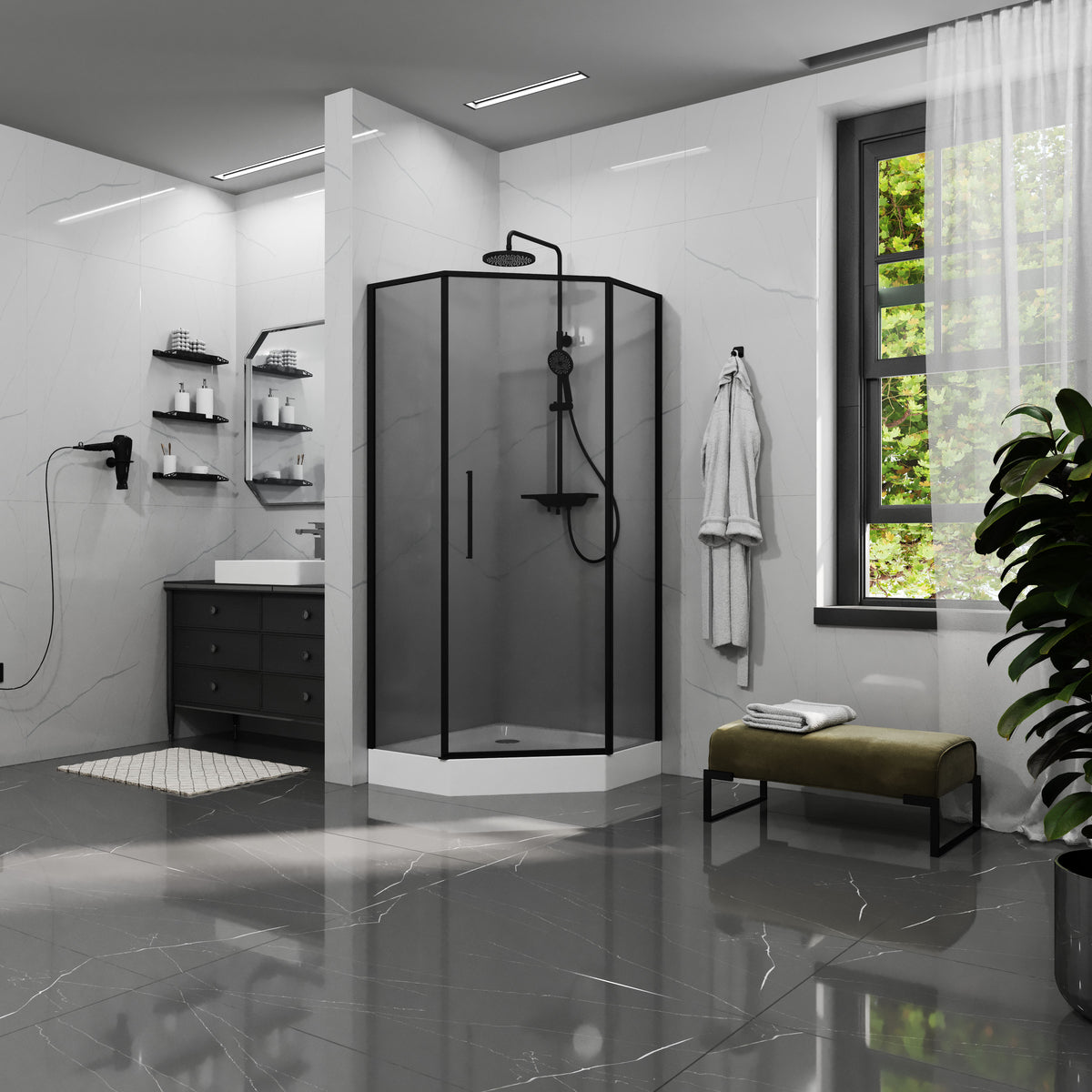 KS90PBGR Cabina de ducha Kvadro Star pentagonal 900×900×1950 mm, cristal gris 6 mm, puertas abatibles, negro mate