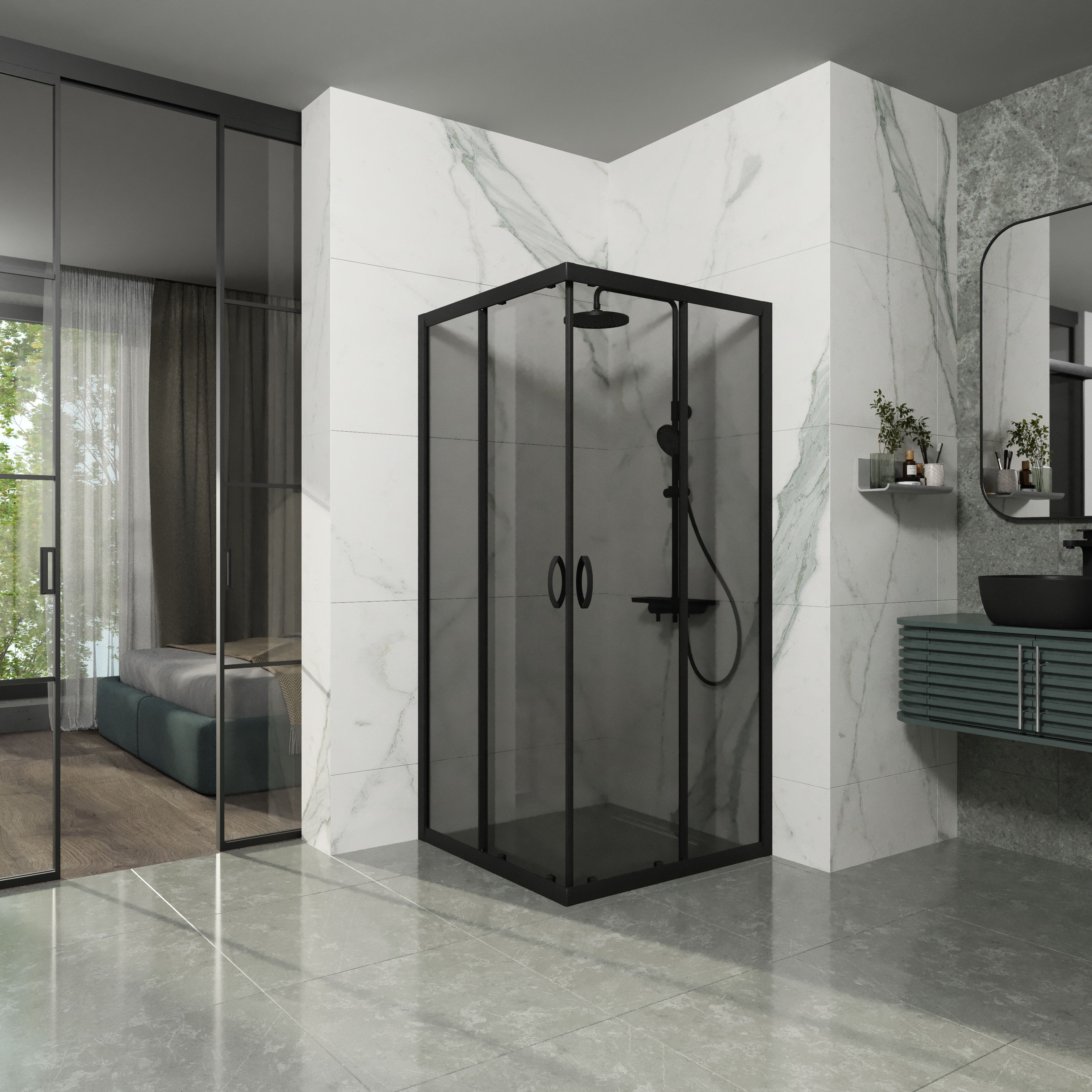 GP90BGR Душова кабіна квадратна GRACE PRO Black matt 900x900x1950 скло 6мм GREY (двері розсувні)