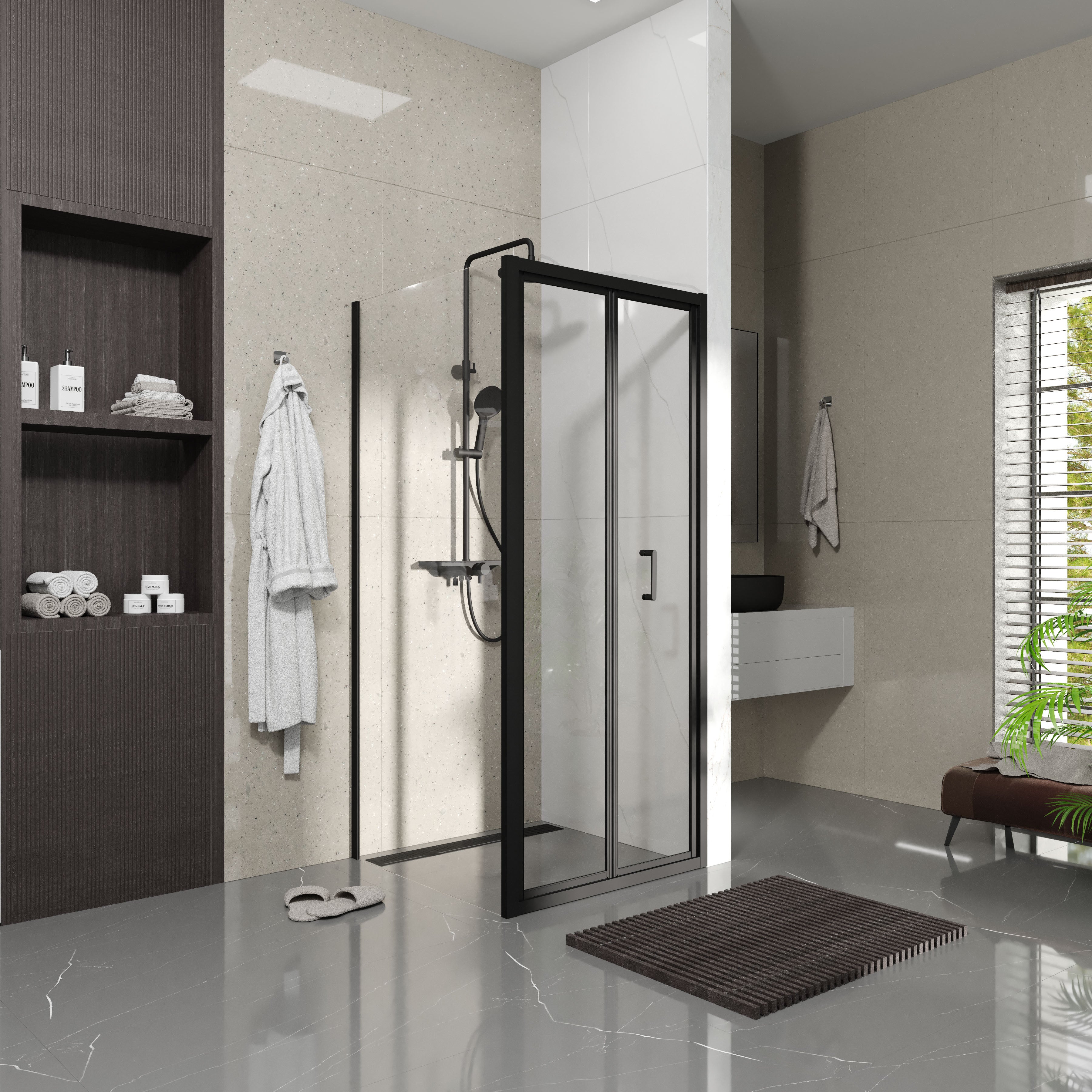 Душові двері двосекційні, Line Pro 900мм, black matt, скло 6мм прозоре