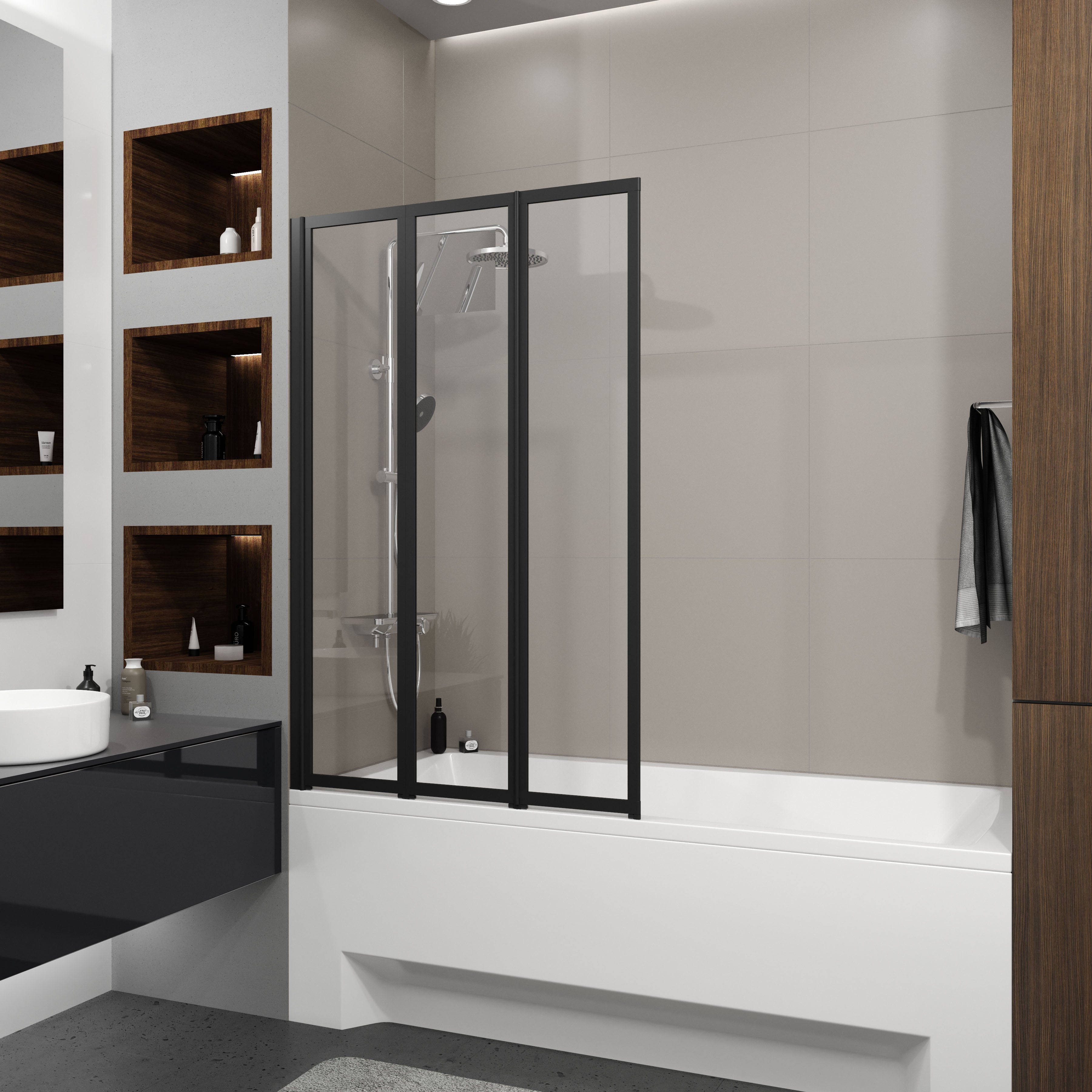 Шторка на ванну трьохелементна Style 1000х1500мм (left) black matt, скло 4мм clear