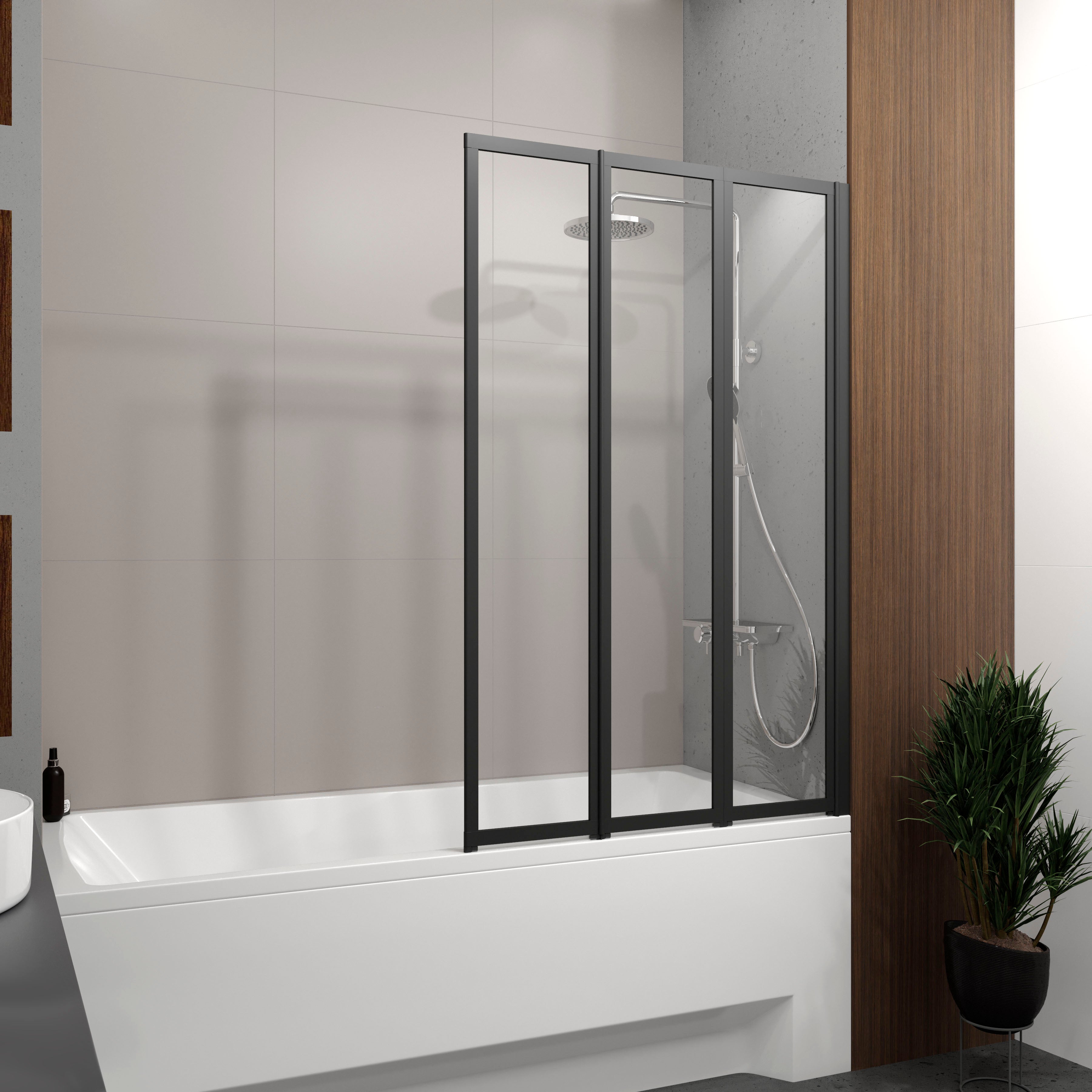 Style Mampara de bañera de tres elementos 1000×1500 mm (derecha), negro mate, cristal clear de 4 mm