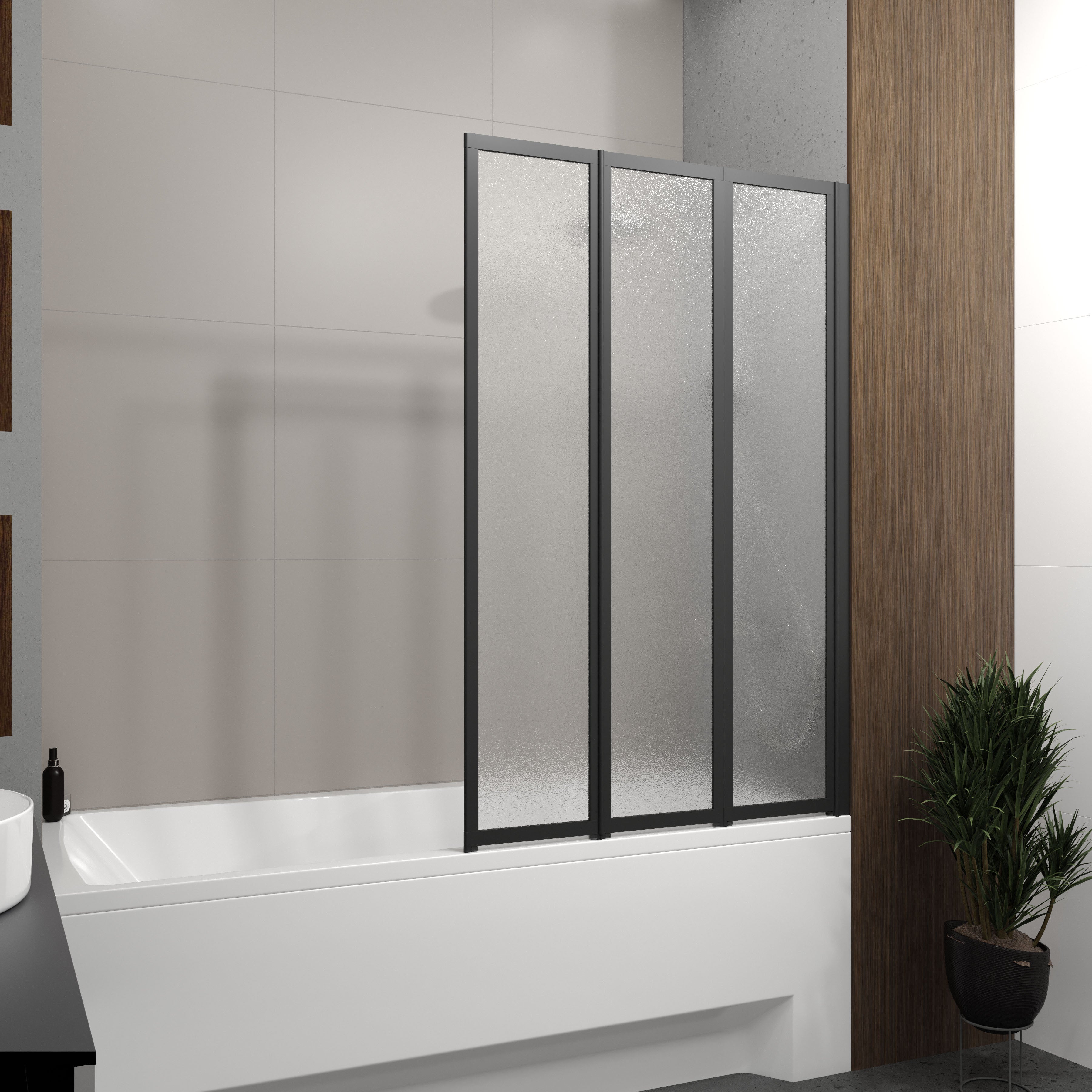 Style Mampara de bañera de tres elementos 1000×1500 mm (derecha), negro mate, cristal grape de 4 mm