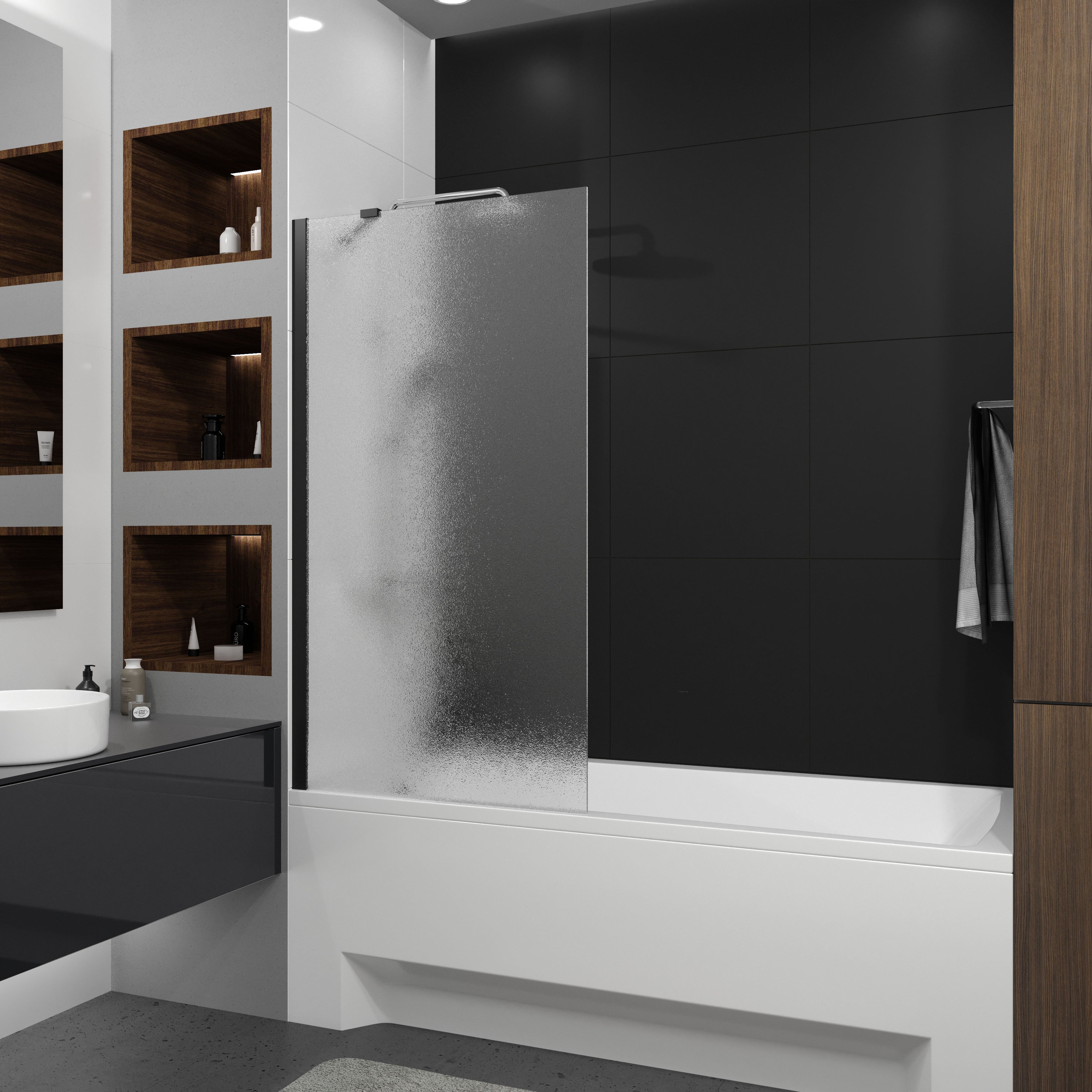 Proxima Mampara de bañera de un solo panel 800×1500 mm, negro mate, cristal grape de 8 mm