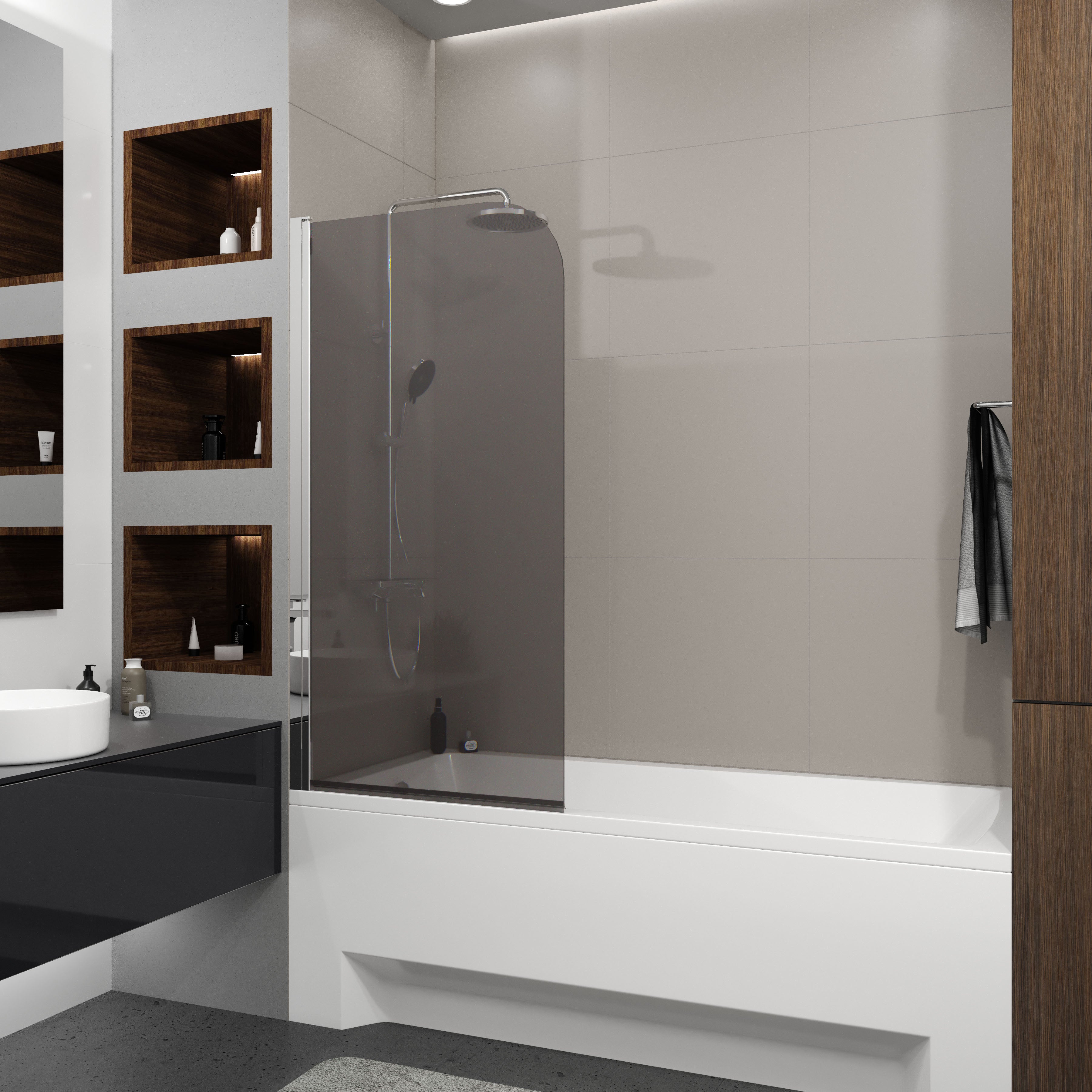 Dakota Mampara de bañera de un solo panel 800×1400 mm, cromo, cristal europe grey de 6 mm