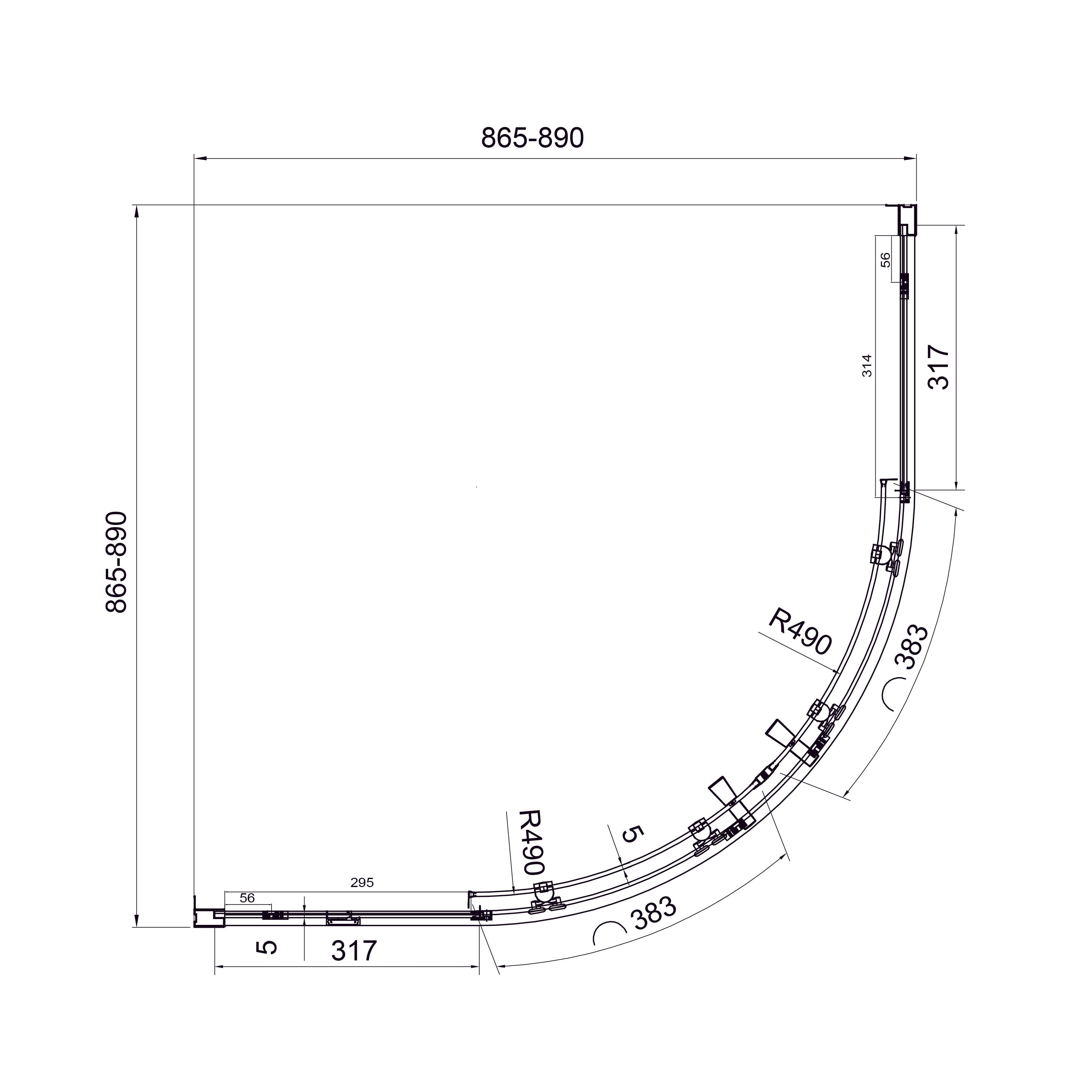 Душова кабіна розсувна, напівкругла Dakota 900*900*1850мм, chrome, cкло 5мм, clear