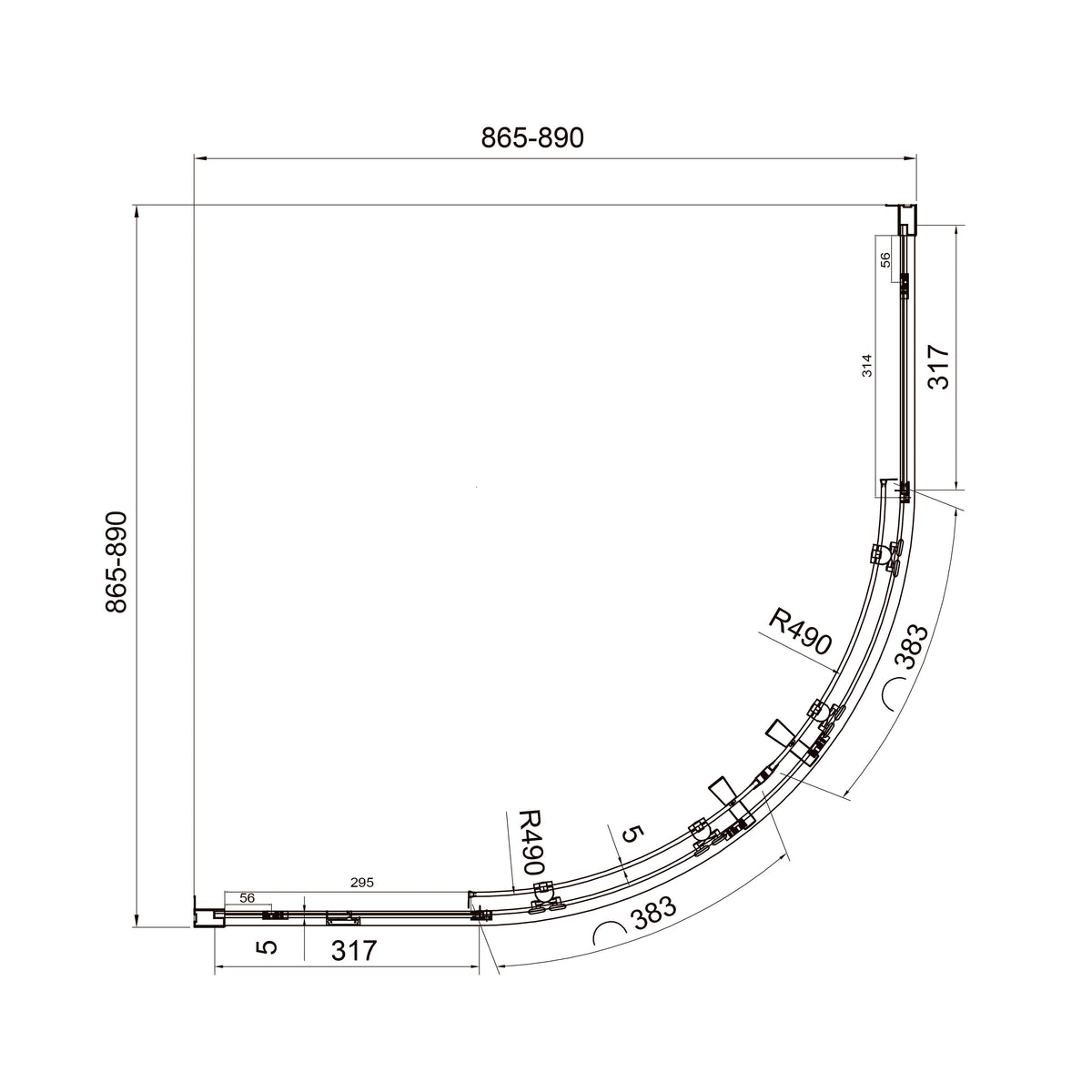 Dakota Cabina de ducha semicircular corredera 900×900×1850 mm, negro mate, cristal clear de 5 mm