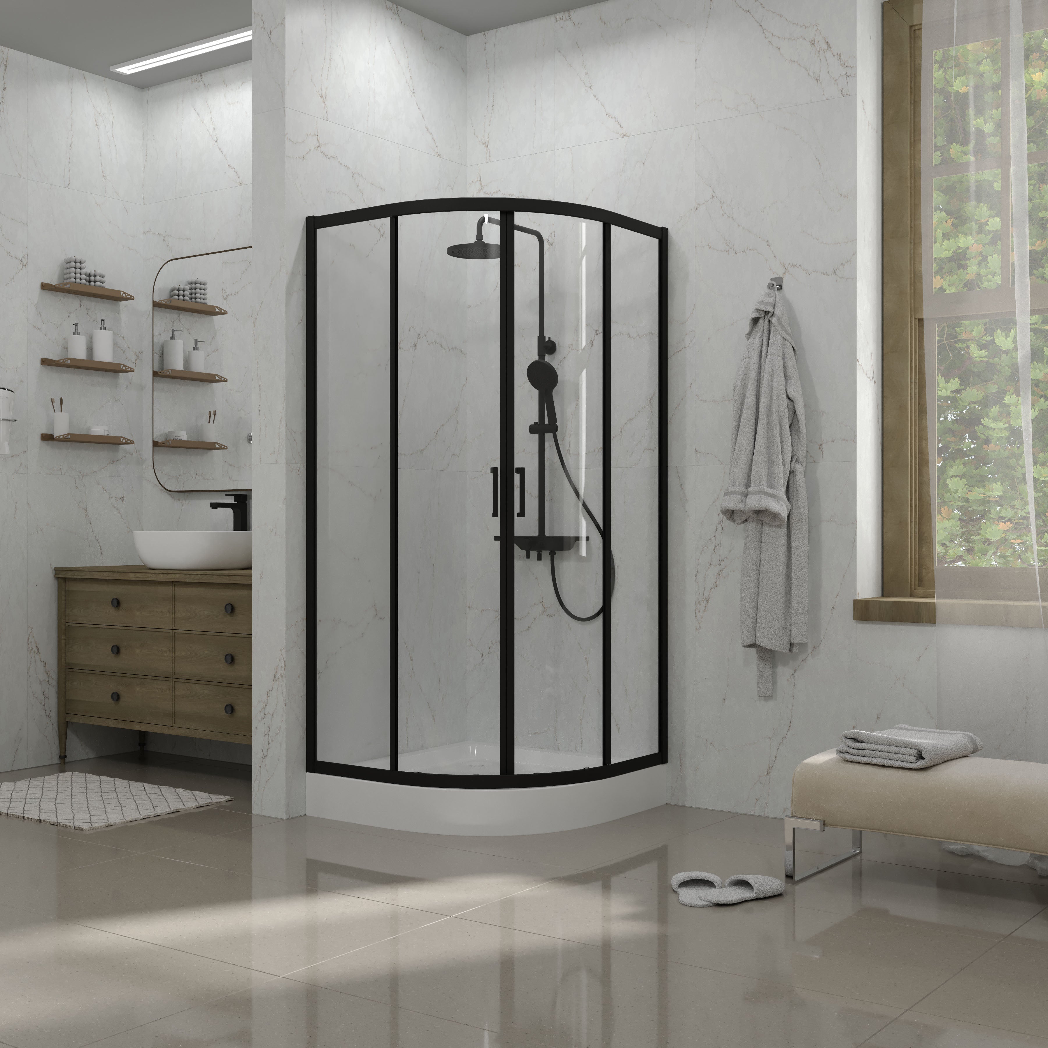 Dakota Schiebeduschkabine, halbrund, 900×900×1850 mm, Mattschwarz, Glas 5 mm Clear