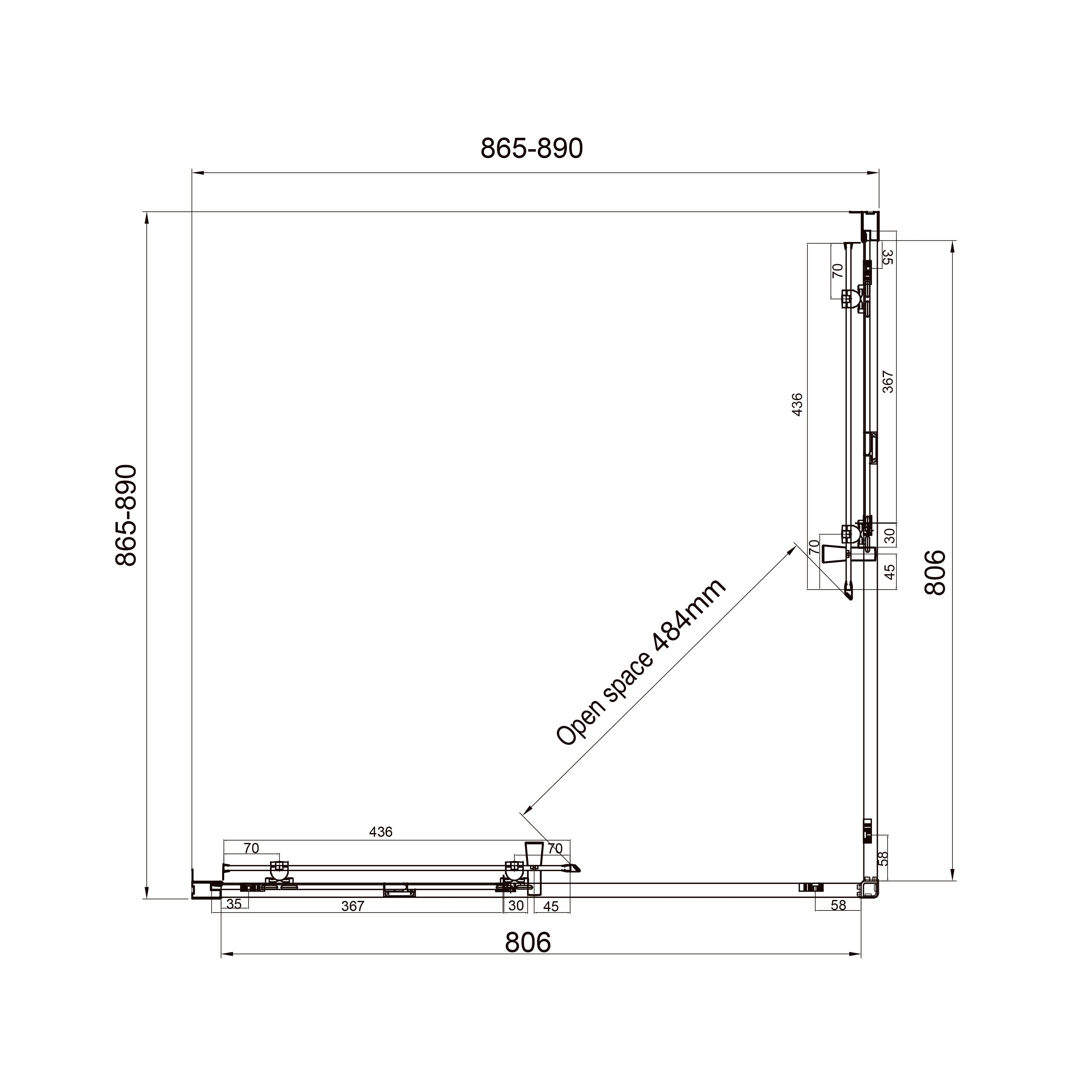 Dakota Schiebeduschkabine, quadratisch, 900×900×1850 mm, Mattschwarz, Glas 5 mm Clear