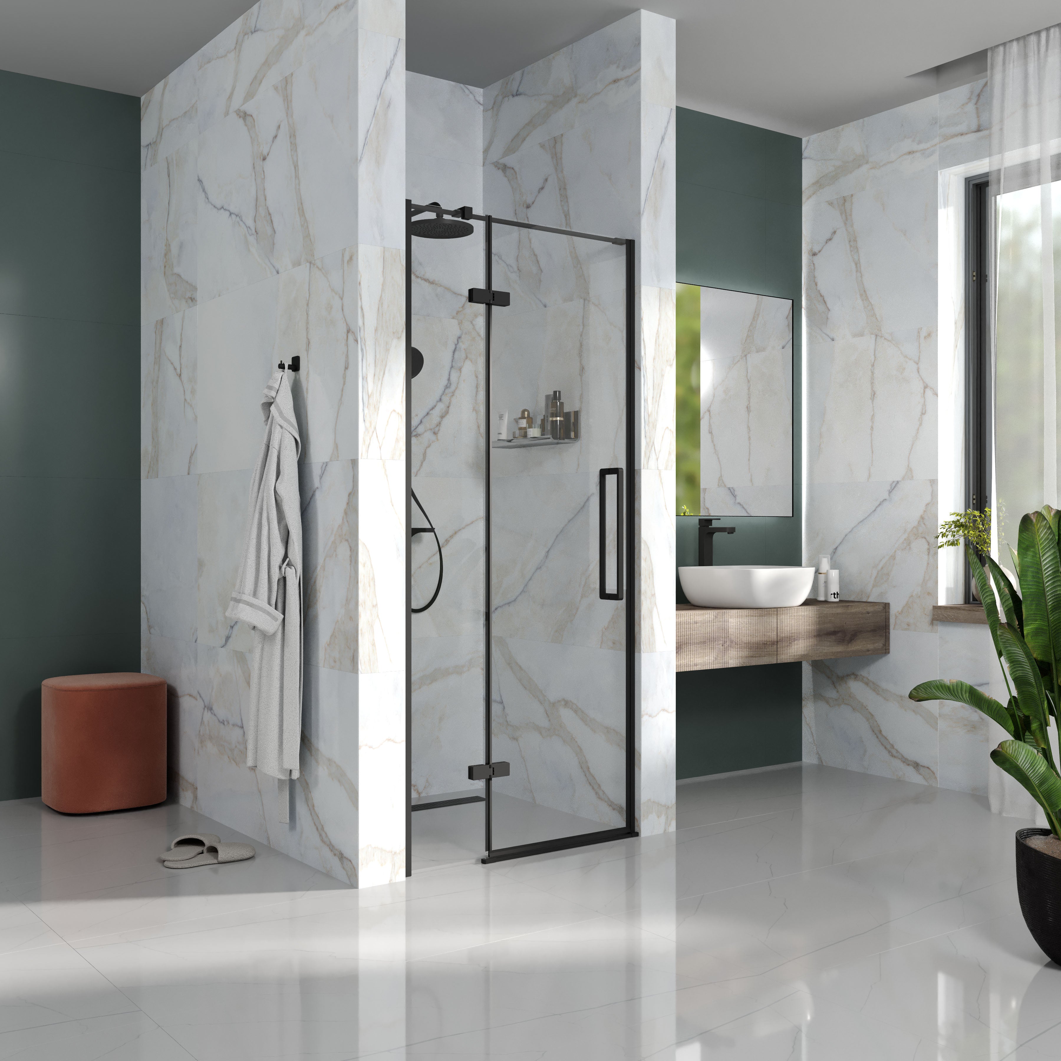 Cube hinged shower doors, two-piece, frameless, 1200x1950mm, black matt, 6mm clear glass