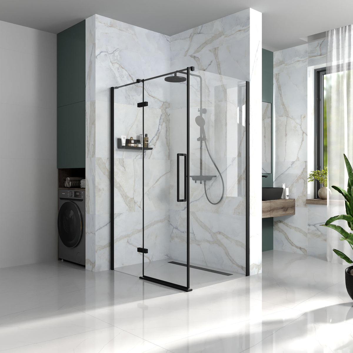 Cube hinged shower doors, two-piece, frameless, 1200x1950mm, black matt, 6mm clear glass