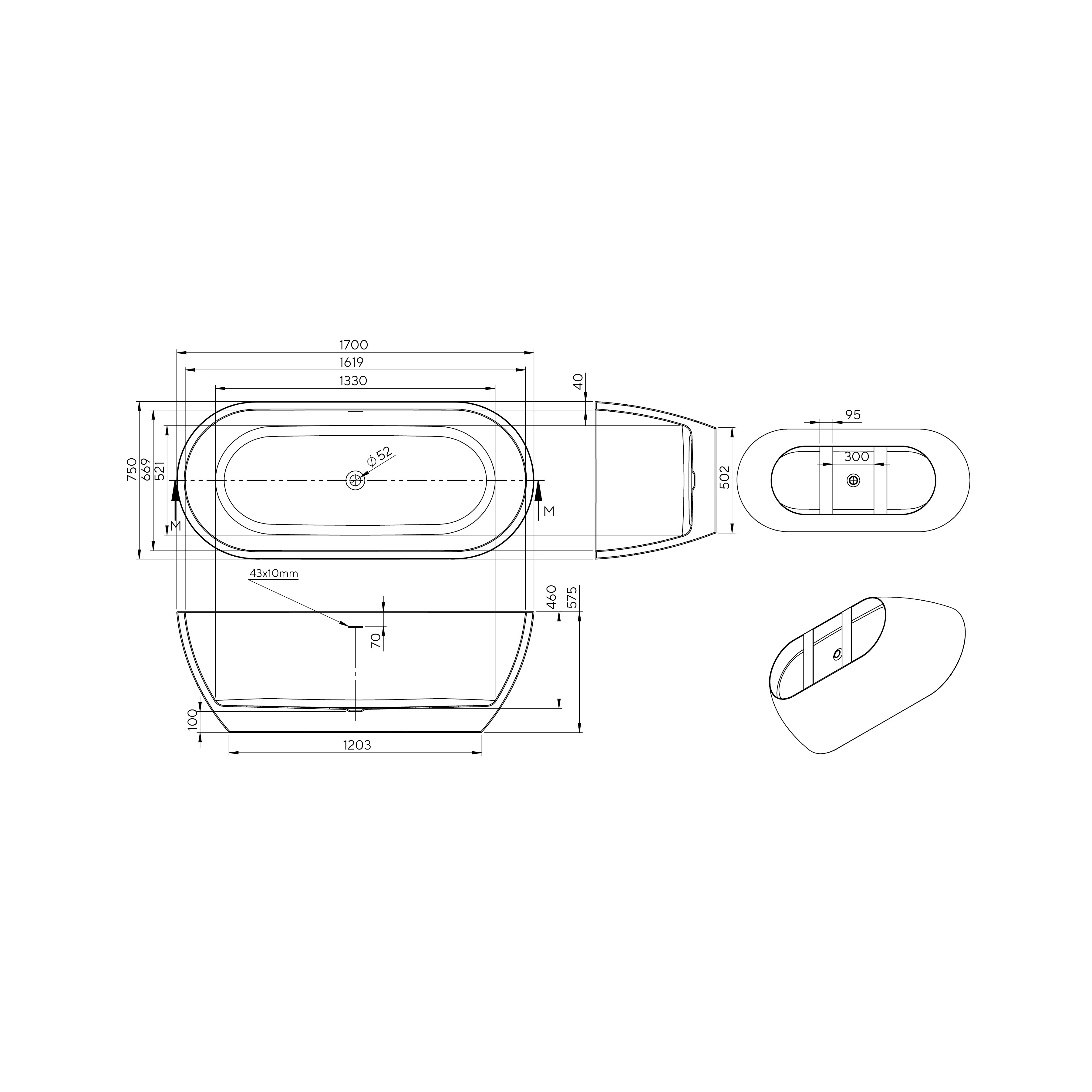 Freestanding seamless acrylic bathtub AquaLuxe 1700x750 White / Matt Black with siphon