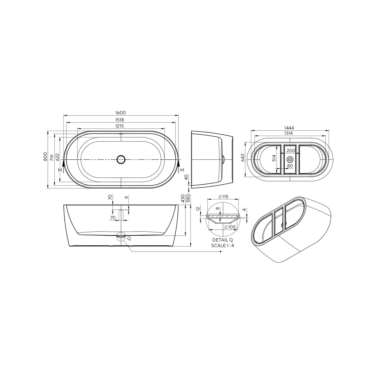 Freestanding seamless acrylic bathtub PureLine 1600x800 White / Matt Black with siphon