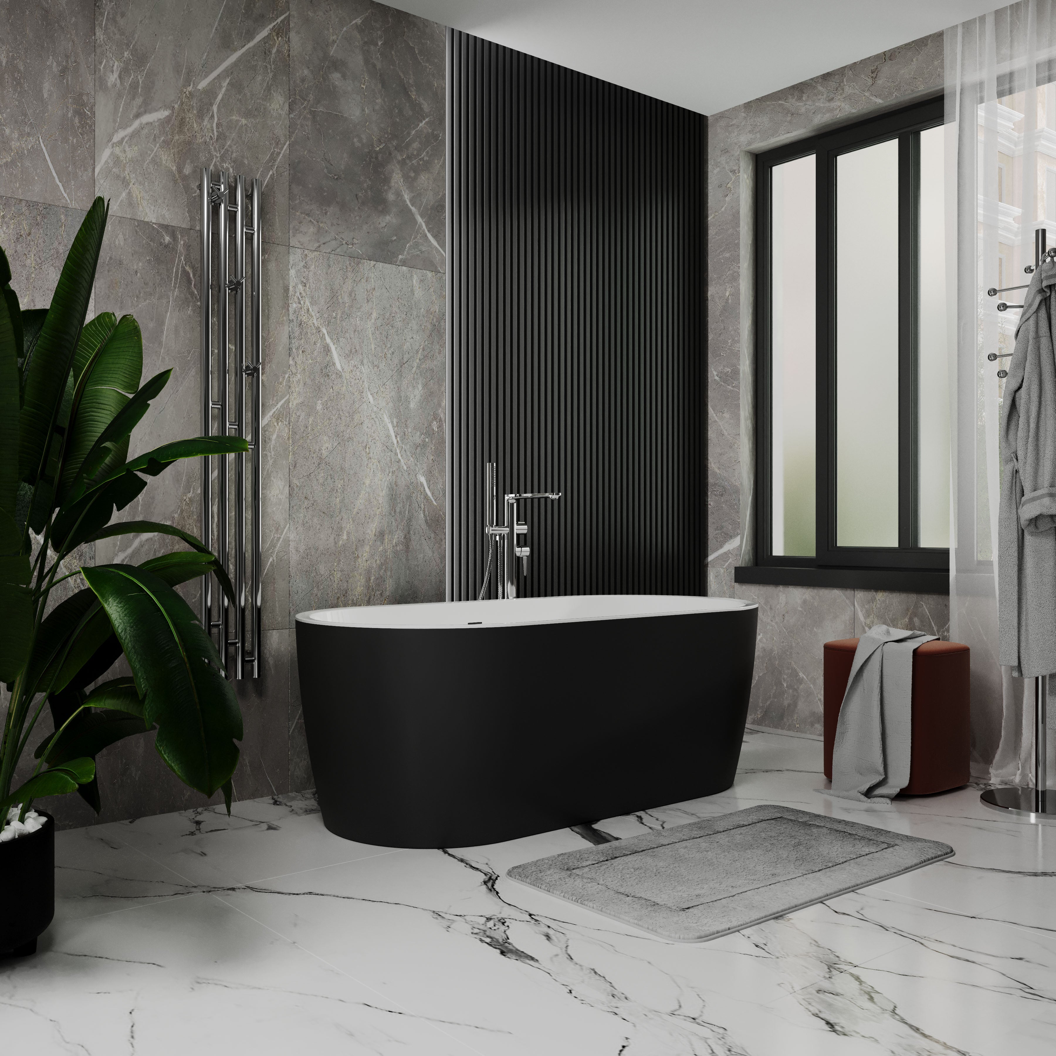 Akrylátová volně stojící monolitická vana PureLine 1600x800 White/Matt Black se sifonem