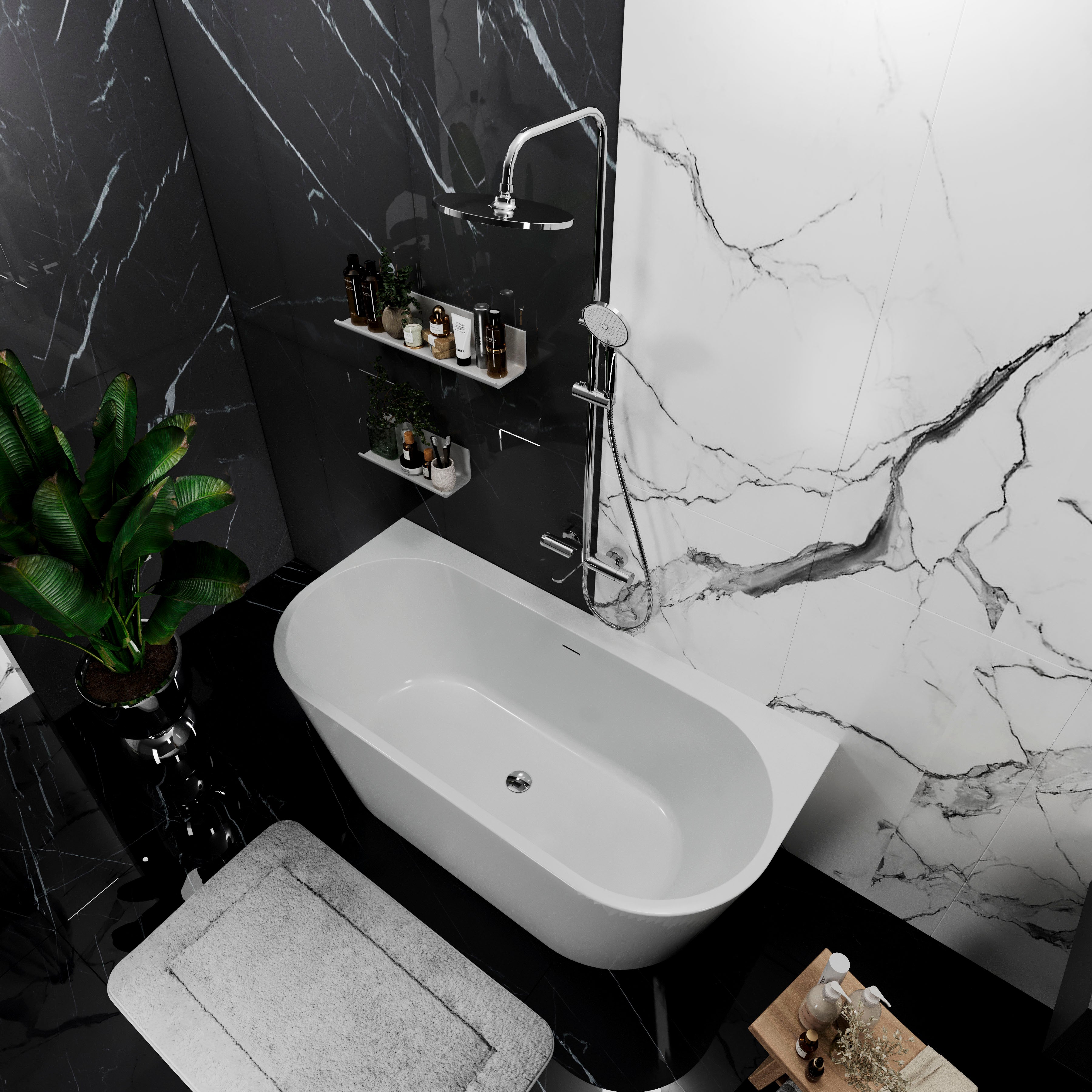 Freestanding seamless wall-adjacent acrylic bathtub Euforia 1600x750 White with siphon