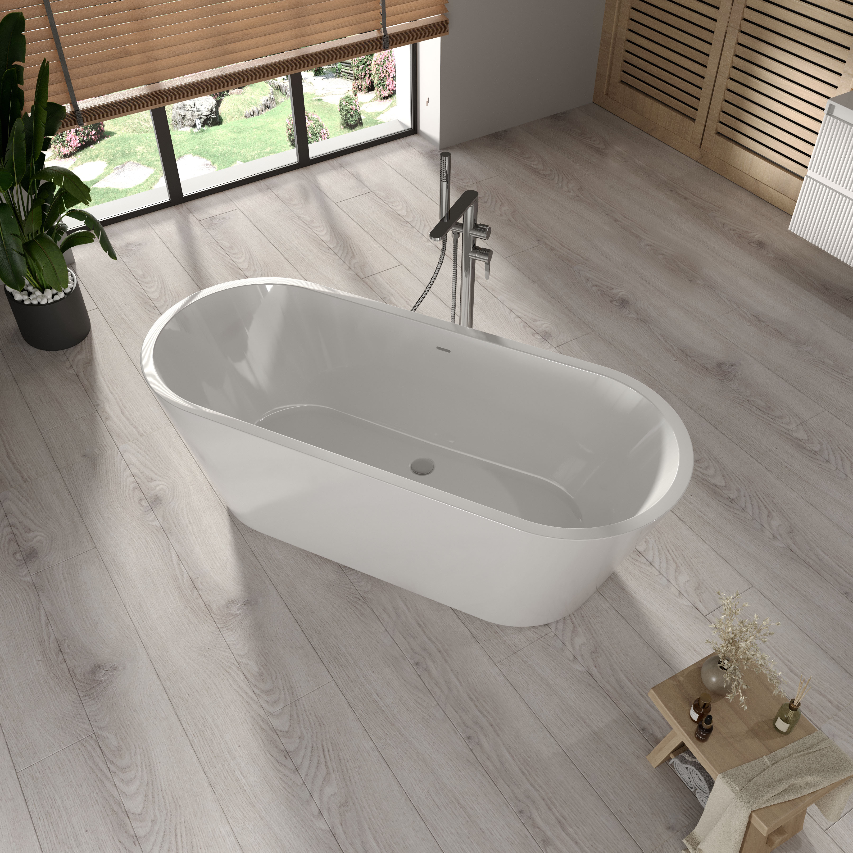 Freistehende, nahtlose Acrylbadewanne Elara 1700x700 White mit Siphon