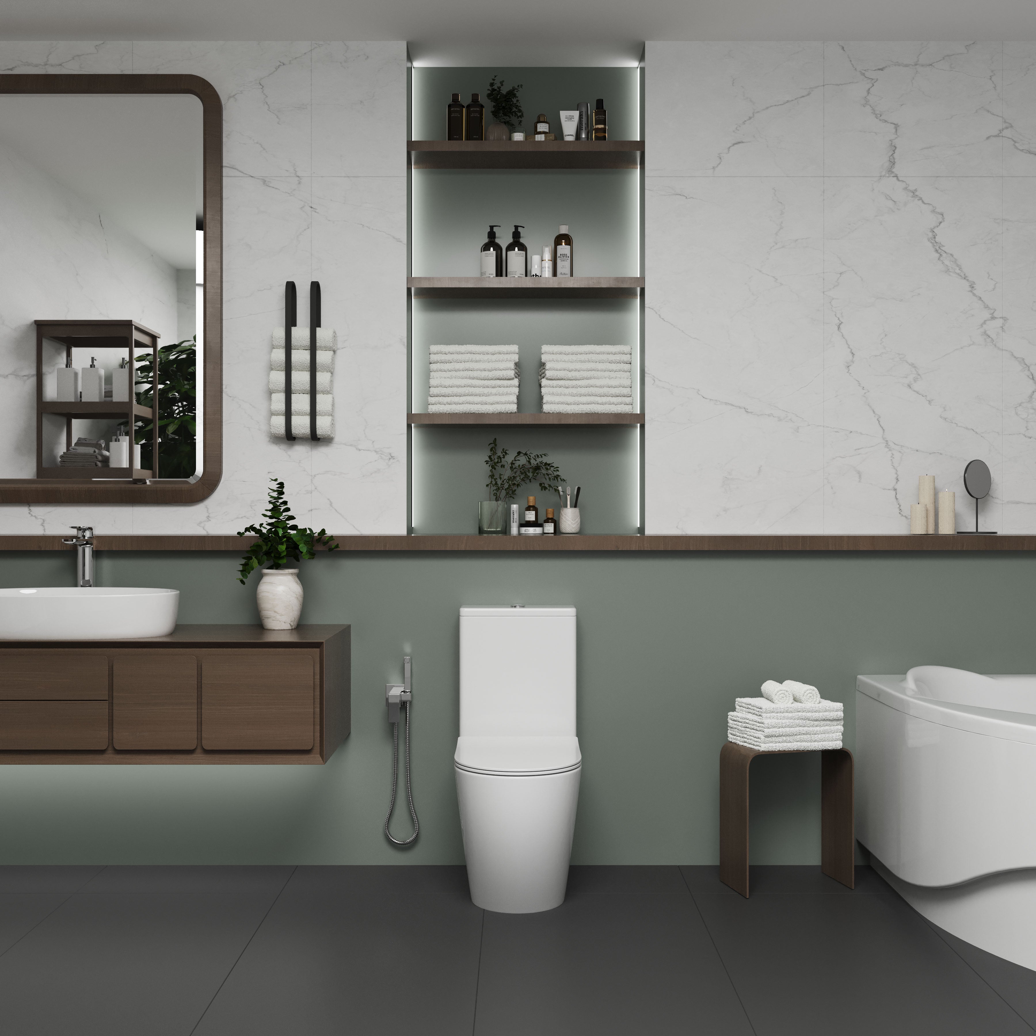 TWIN Compacto: inodoro de pie con asiento Soft-close + cisterna (descarga Rimless)