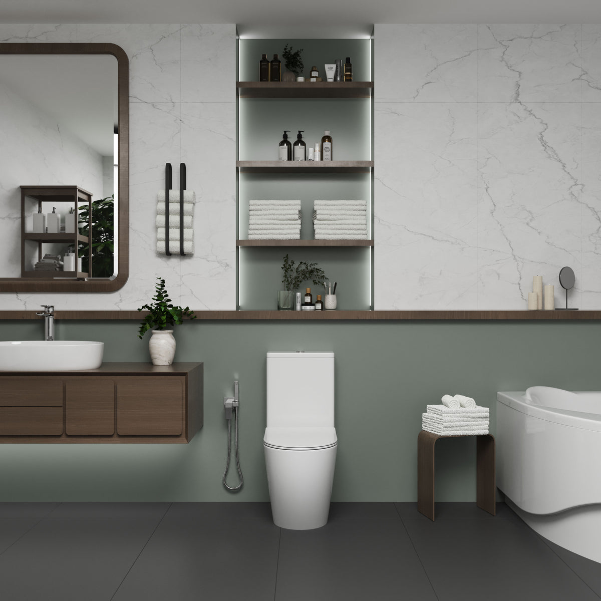 TWIN Compacto: inodoro de pie con asiento Soft-close + cisterna (descarga Rimless)