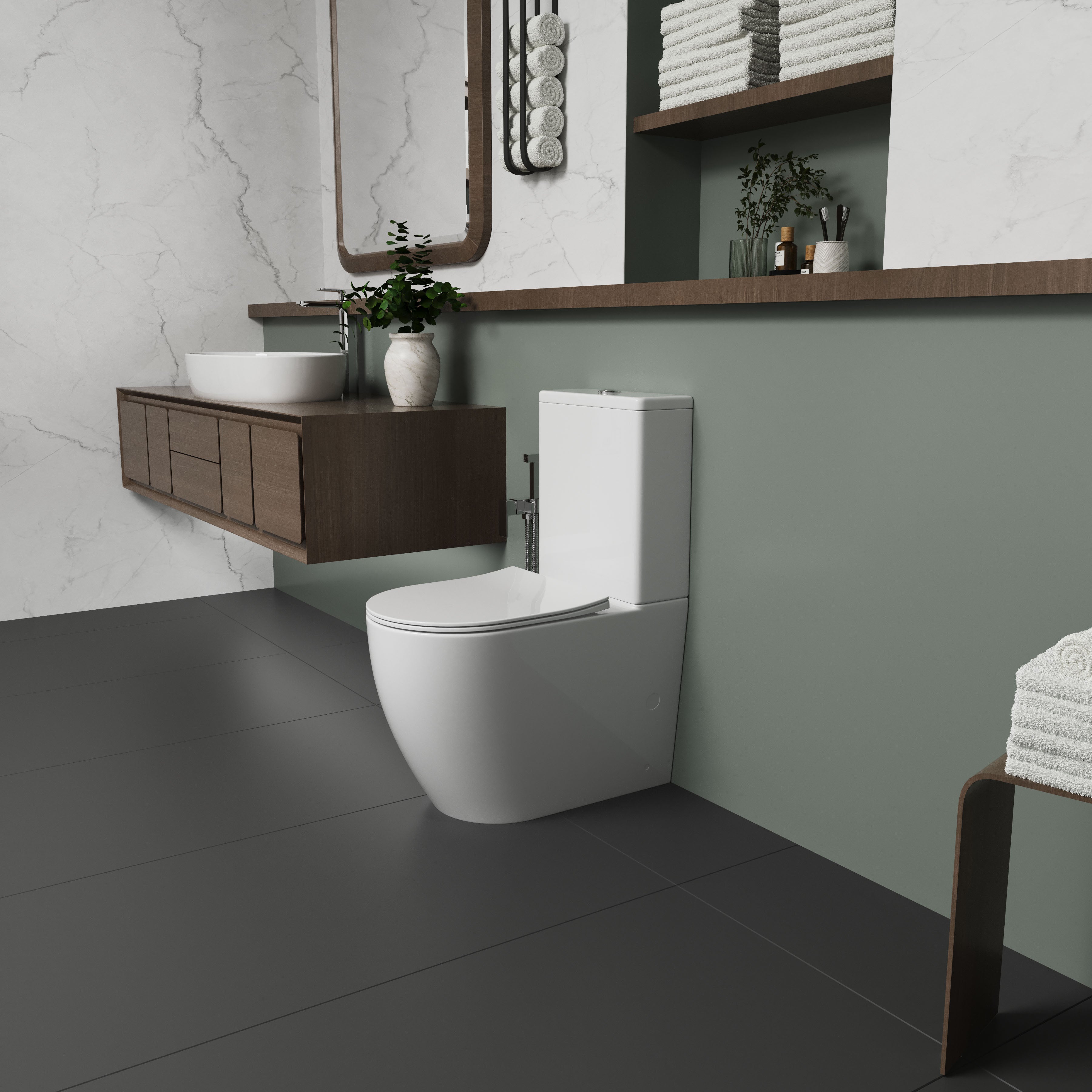 TWIN Compacto: inodoro de pie con asiento Soft-close + cisterna (descarga Rimless)