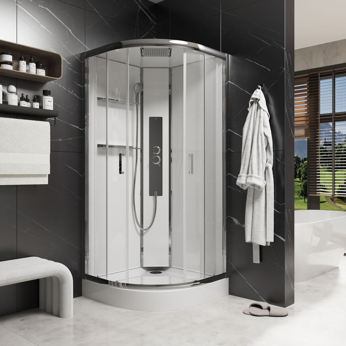 Optima shower enclosure, semi-circular, sliding, 900x900x2150 mm, with tray and shower panel, chrome, clear glass