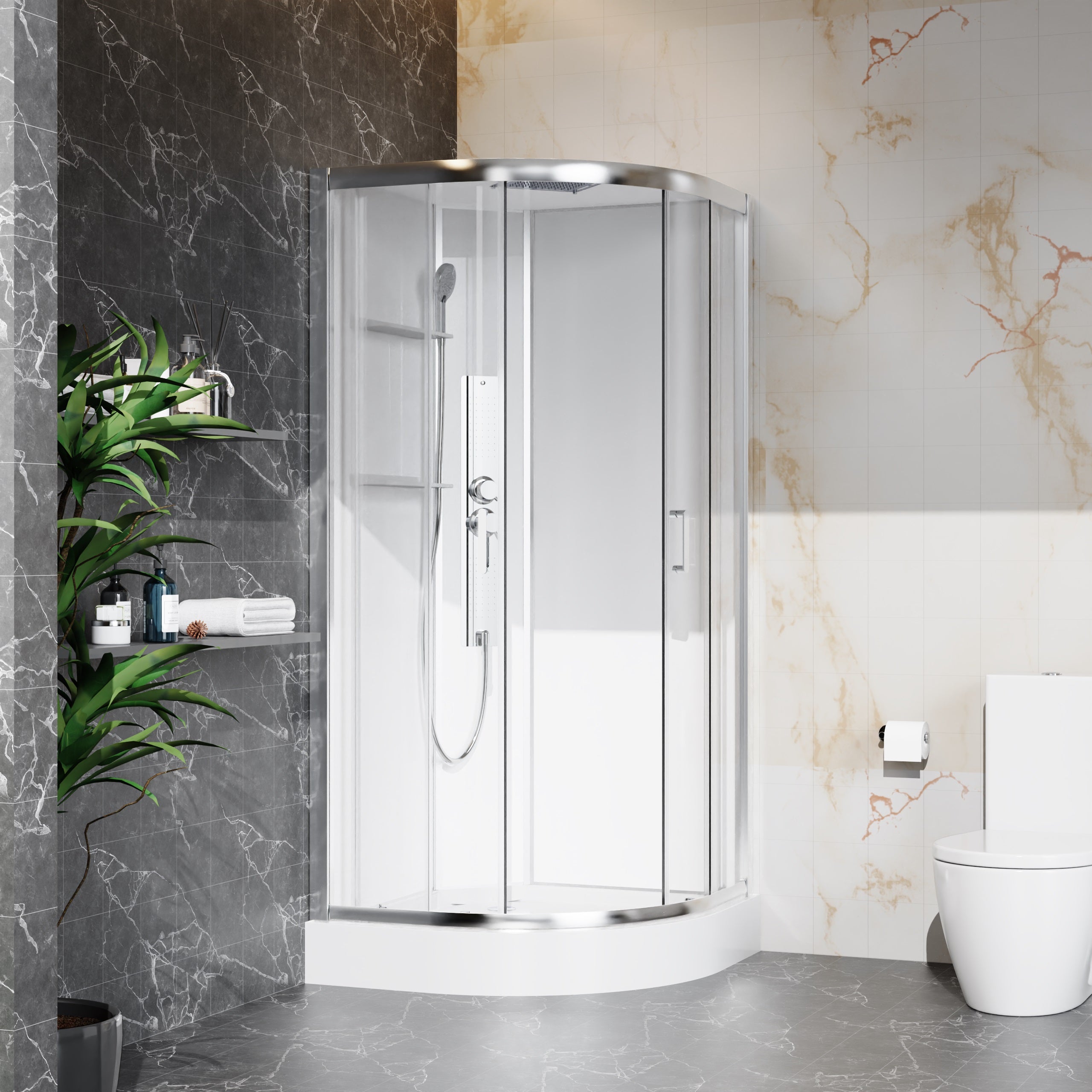 Душовий бокс Optima, напівкруглий, розсувний, 900x900x2150 мм, з піддоном та душовою панеллю, chrome, cкло clear