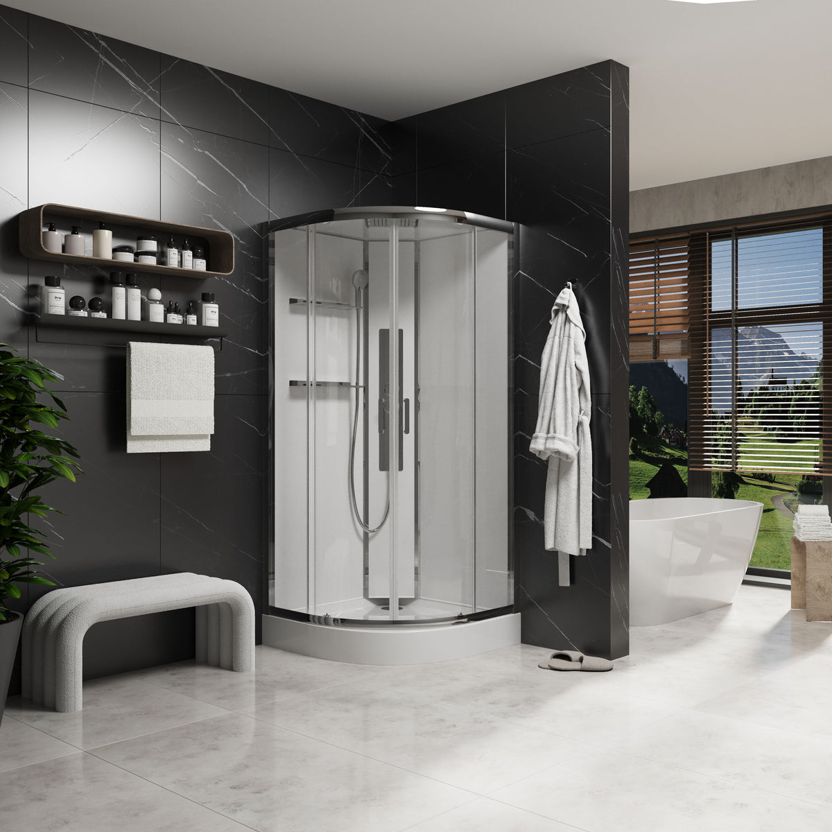 Optima cabina de ducha semicircular corredera 900×900×2150 mm, con plato de ducha y panel de ducha, cromo, cristal clear