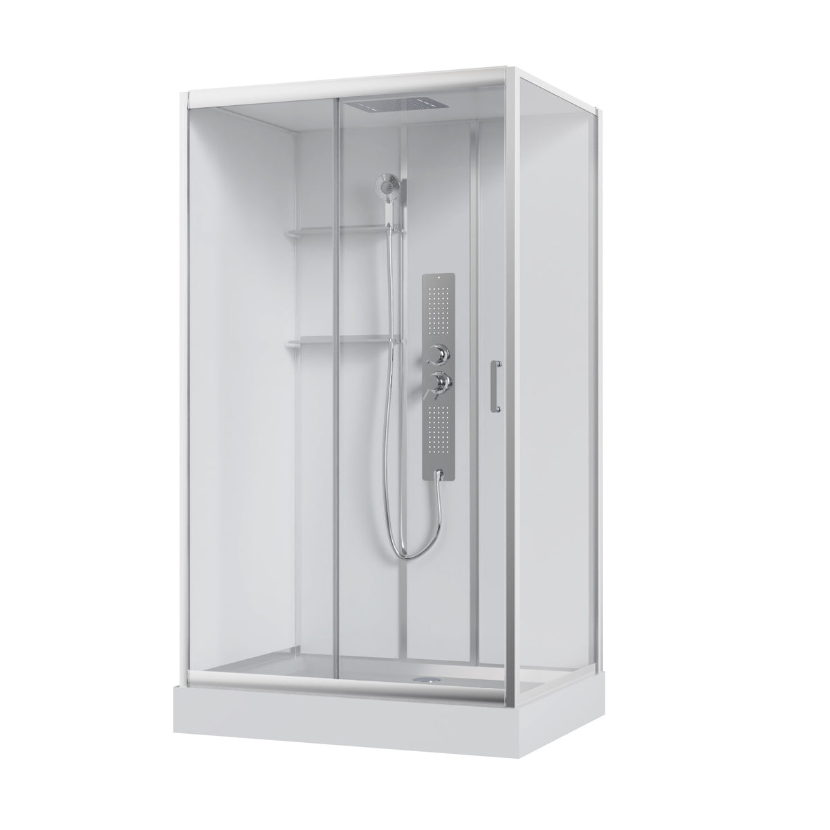 Optima cabina de ducha rectangular corredera 1200×900×2150 mm, con plato de ducha y panel de ducha, cromo, cristal clear