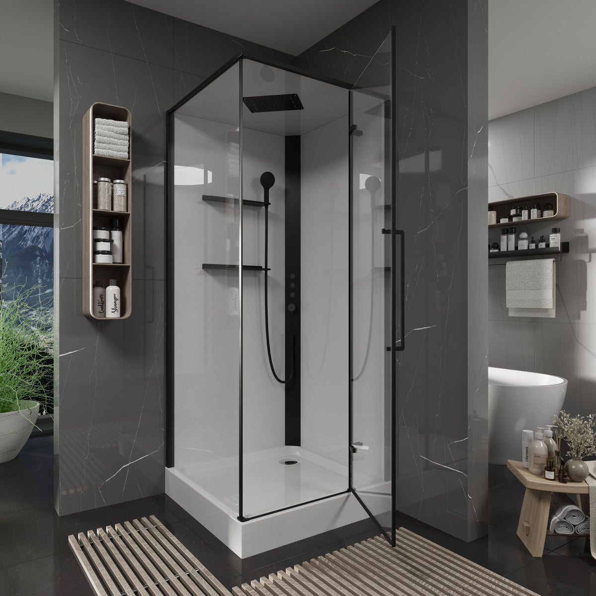 Optima square shower enclosure, 900x900x2150 mm, with tray and shower panel, black, clear glass