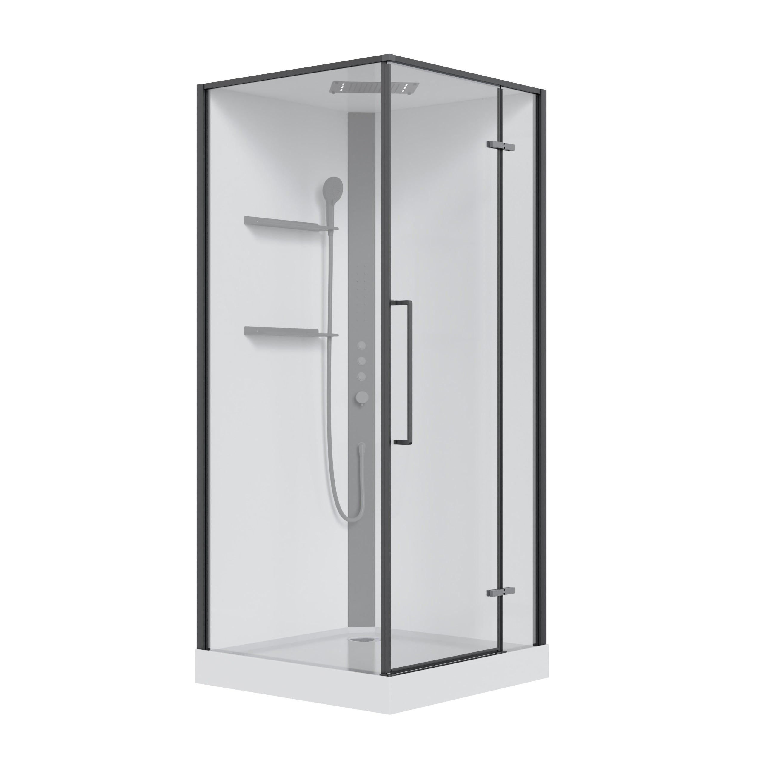 Душовий бокс Optima квадратний відкривний, 900x900x2150 мм, з піддоном та душовою панеллю, black, cкло clear