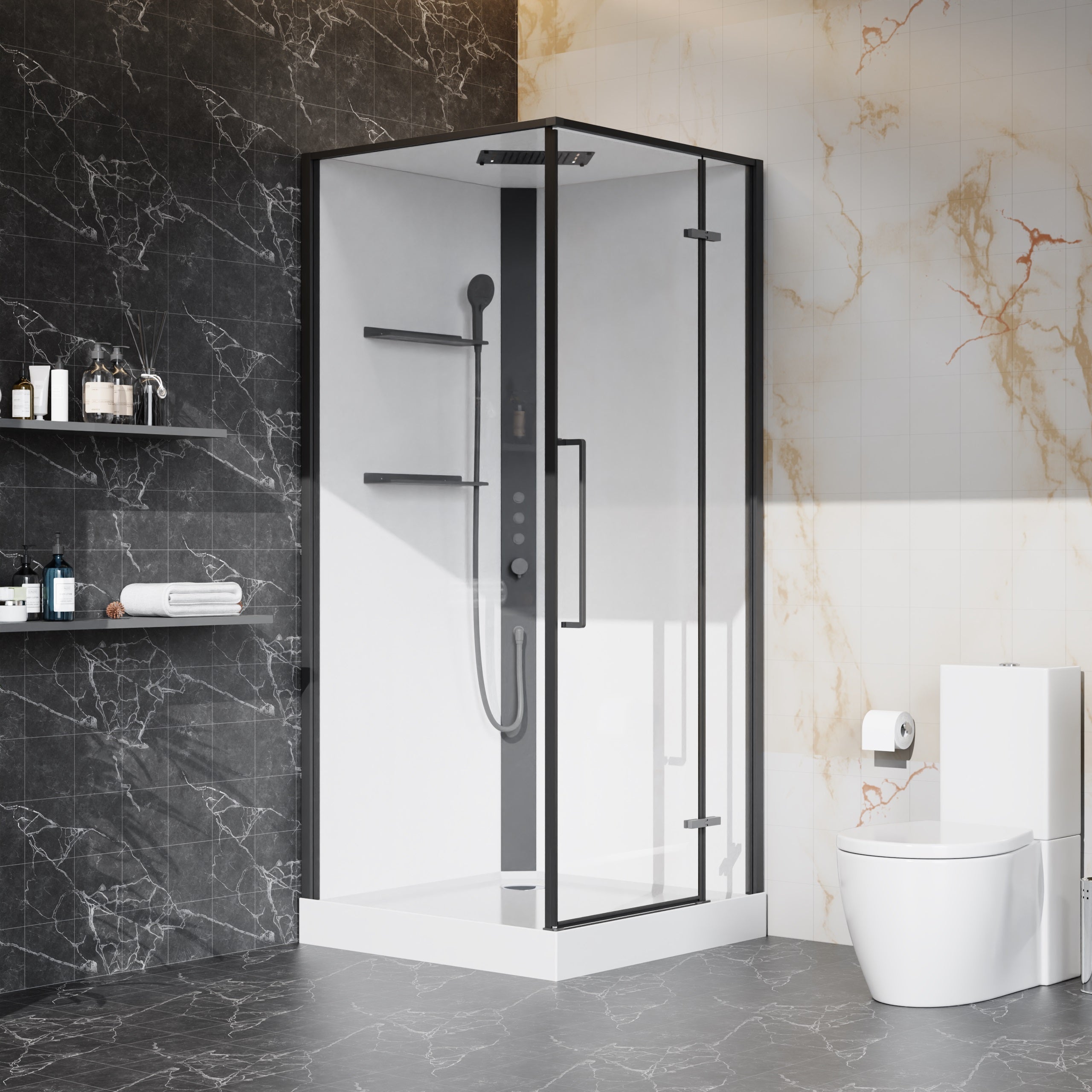 Душовий бокс Optima квадратний відкривний, 900x900x2150 мм, з піддоном та душовою панеллю, black, cкло clear