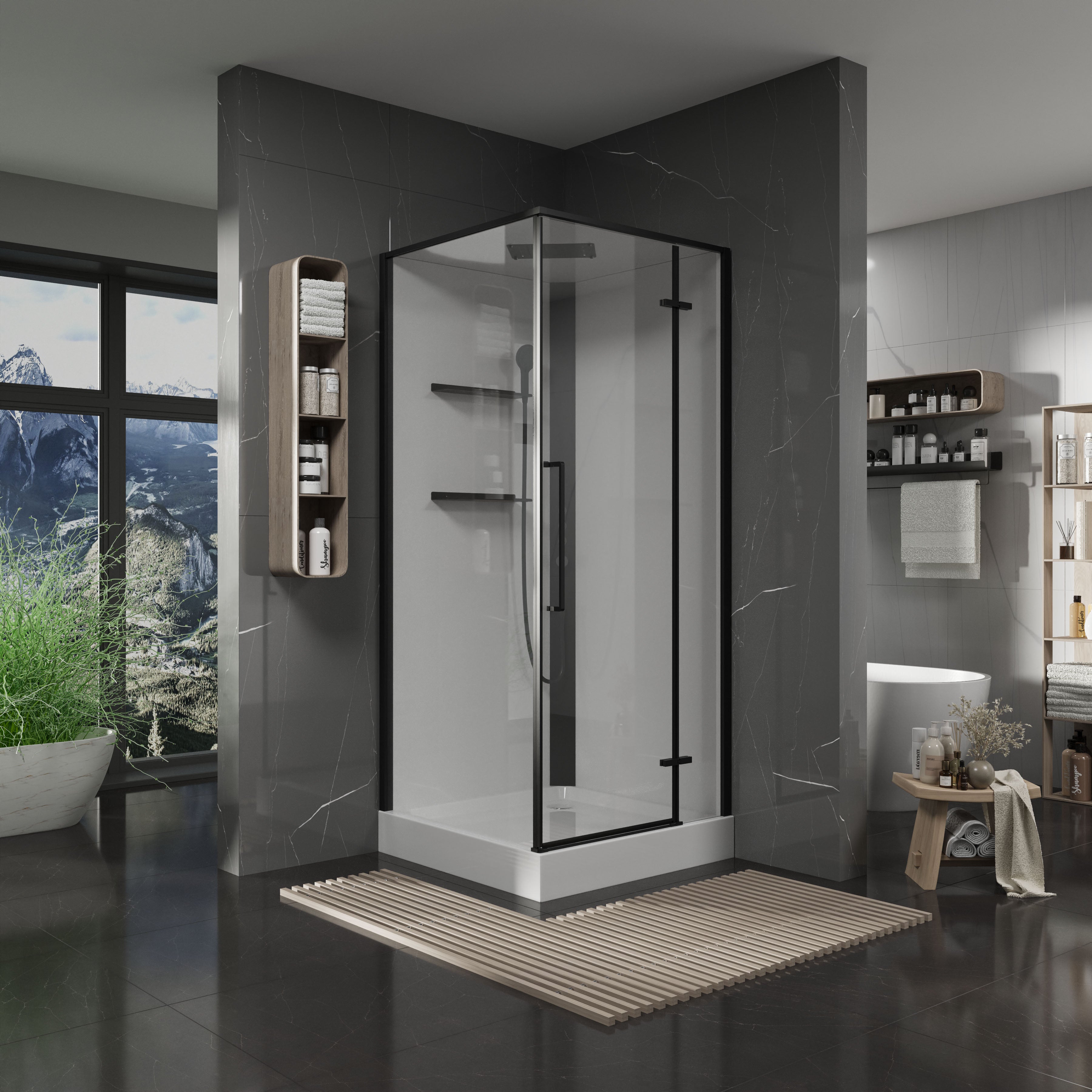 Optima cabina de ducha cuadrada abatible 900×900×2150 mm, con plato de ducha y panel de ducha, negro, cristal clear