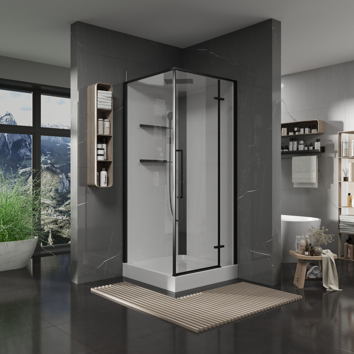 Optima cabina de ducha cuadrada abatible 900×900×2150 mm, con plato de ducha y panel de ducha, negro, cristal clear