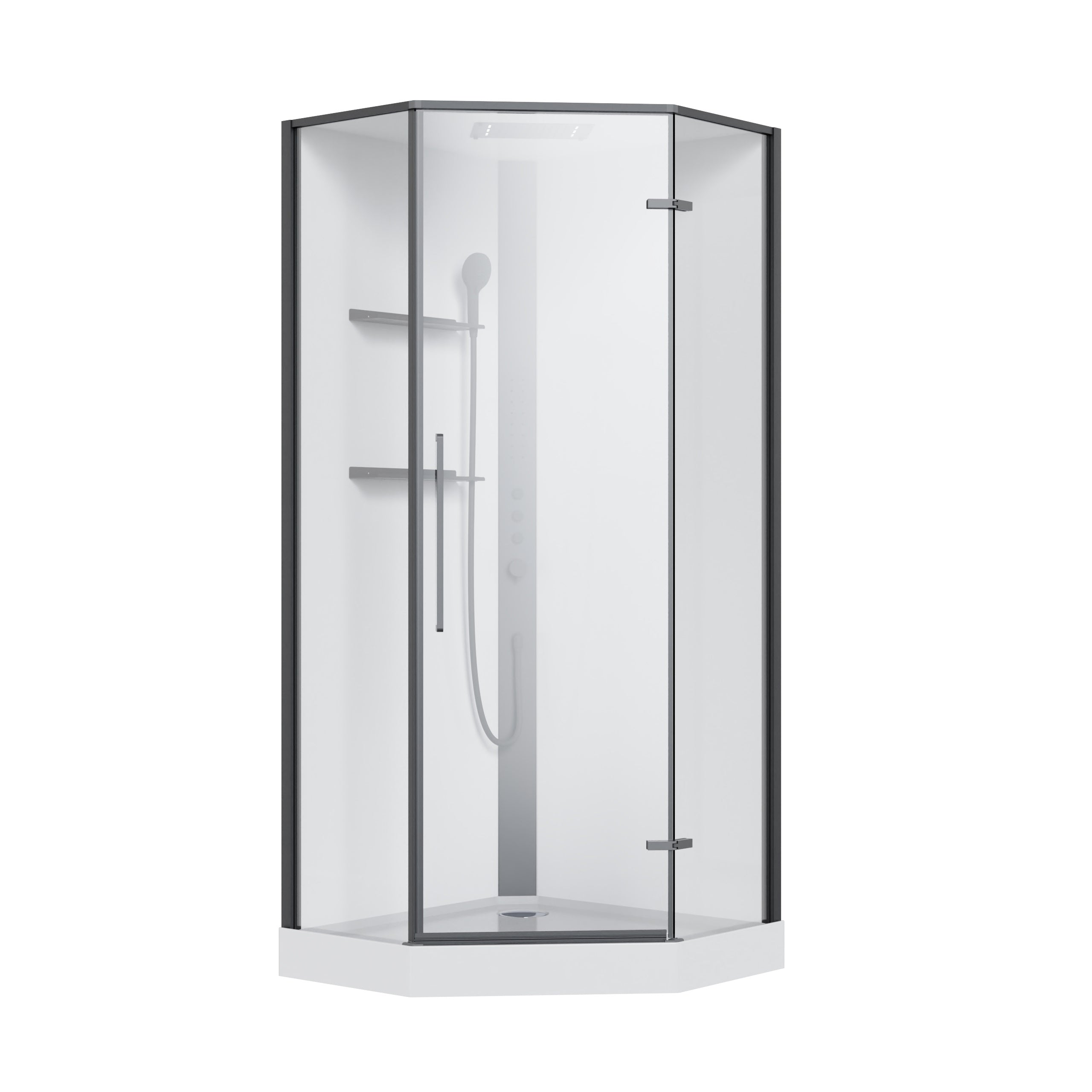 Optima cabina de ducha pentagonal abatible 900×900×2150 mm, con plato de ducha y panel de ducha, negro, cristal clear