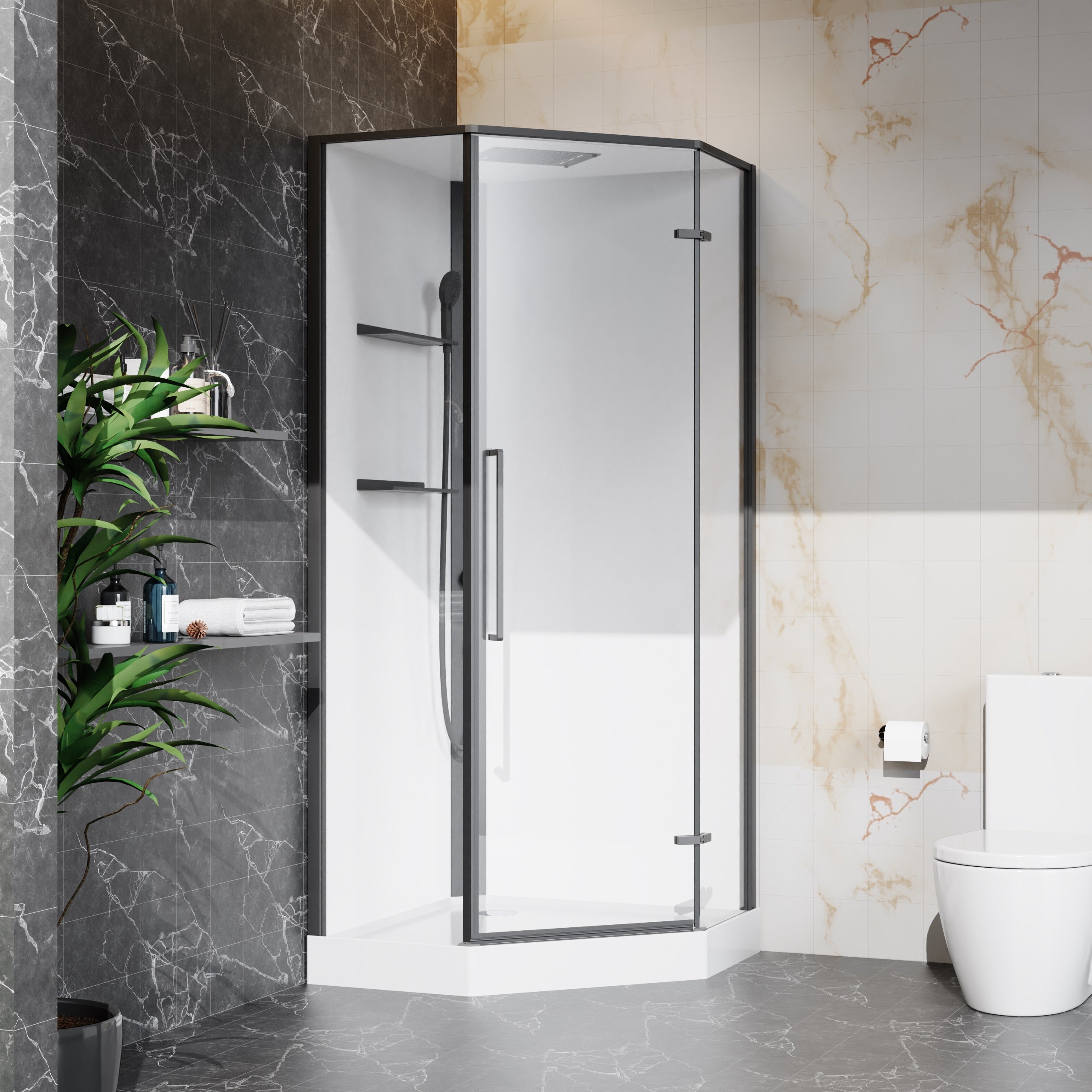 Душовий бокс Optima пентагональний відкривний, 900x900x2150 мм, з піддоном та душовою панеллю, black, cкло clear