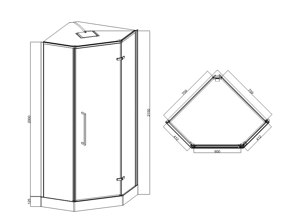 Optima cabina de ducha pentagonal abatible 900×900×2150 mm, con plato de ducha y panel de ducha, negro, cristal clear