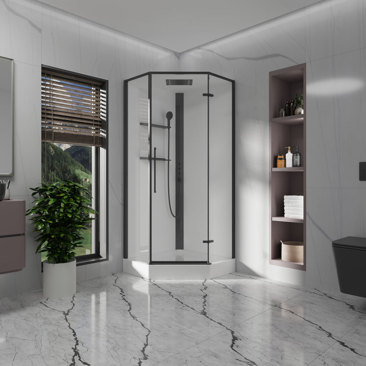 Optima cabina de ducha pentagonal abatible 900×900×2150 mm, con plato de ducha y panel de ducha, negro, cristal clear