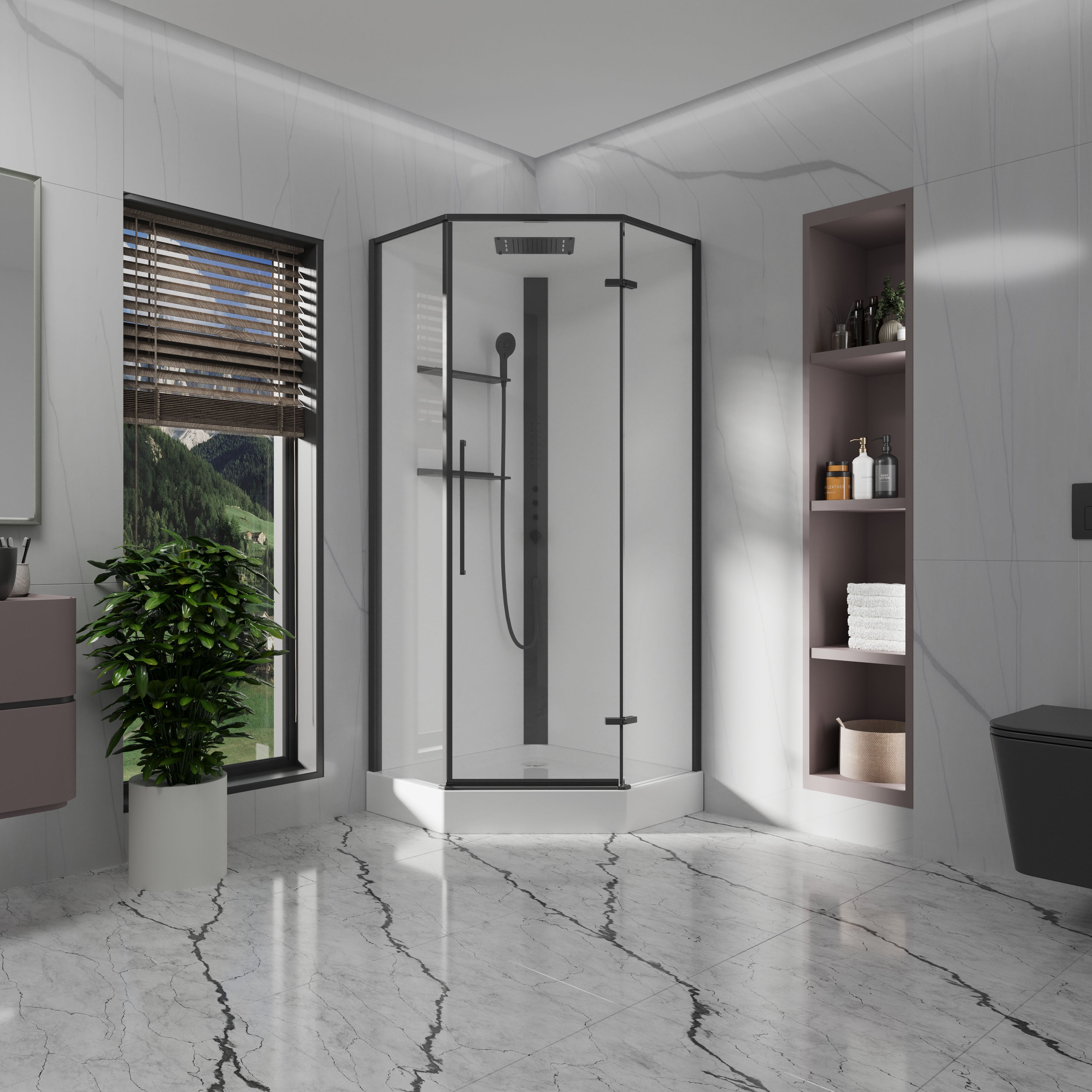 Optima cabina de ducha pentagonal abatible 900×900×2150 mm, con plato de ducha y panel de ducha, negro, cristal clear