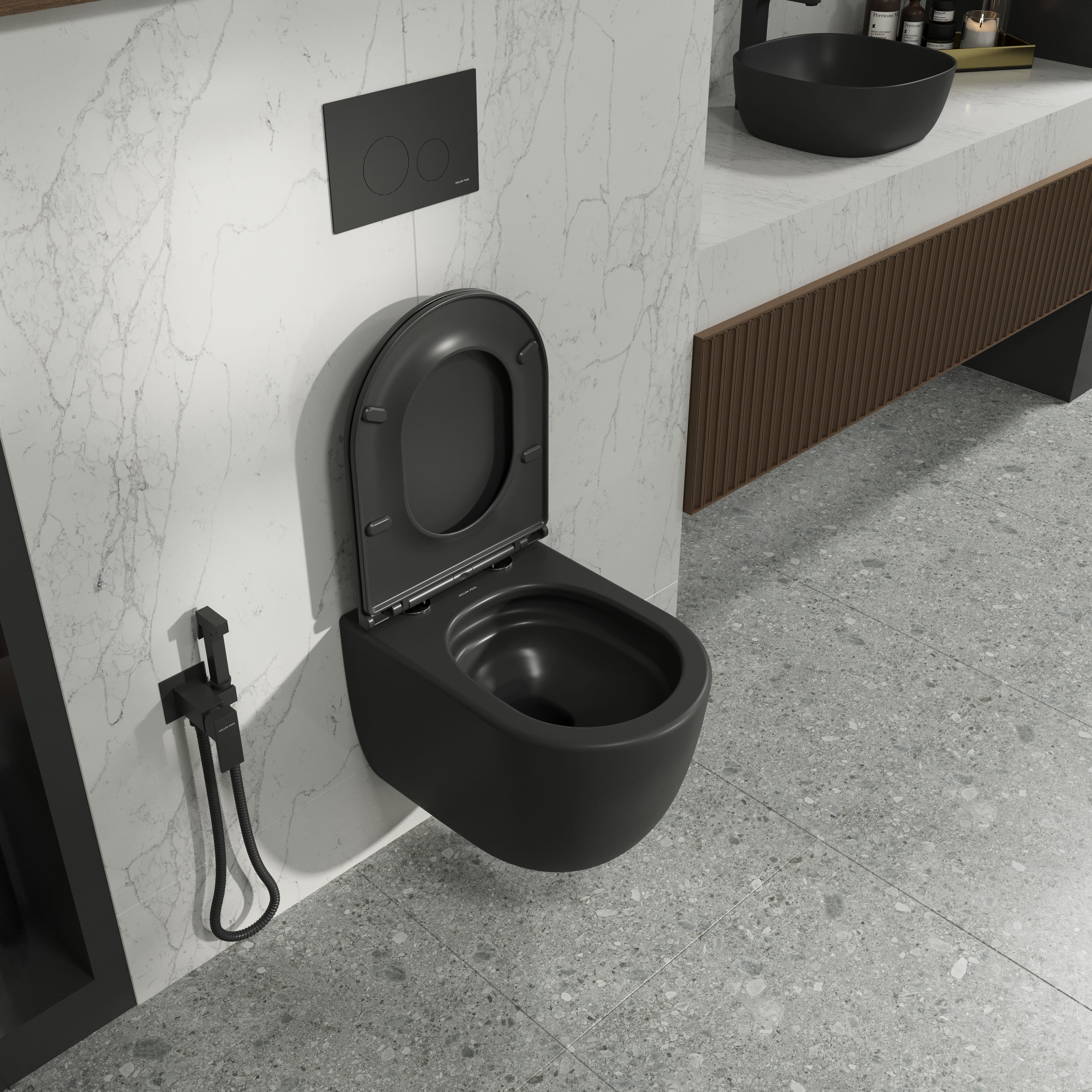ROUND PRO inodoro suspendido con asiento Soft-close Middle Thick (descarga Tornado 3.0), negro mate