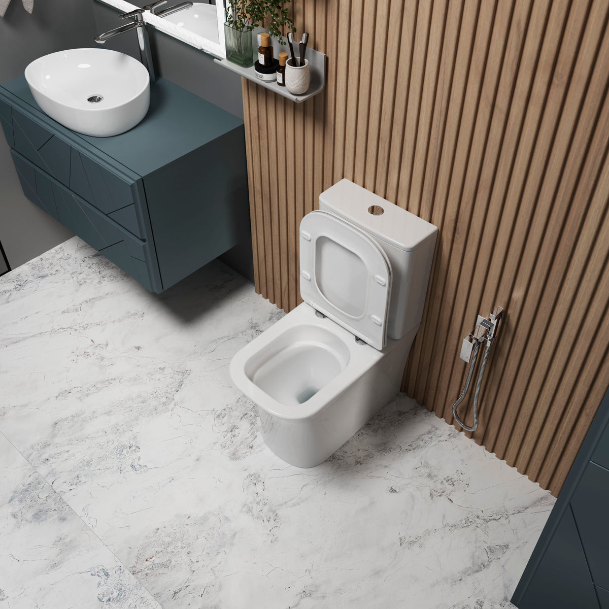 Proxima Compacto: inodoro de pie con asiento Soft-close + cisterna (descarga Tornado)